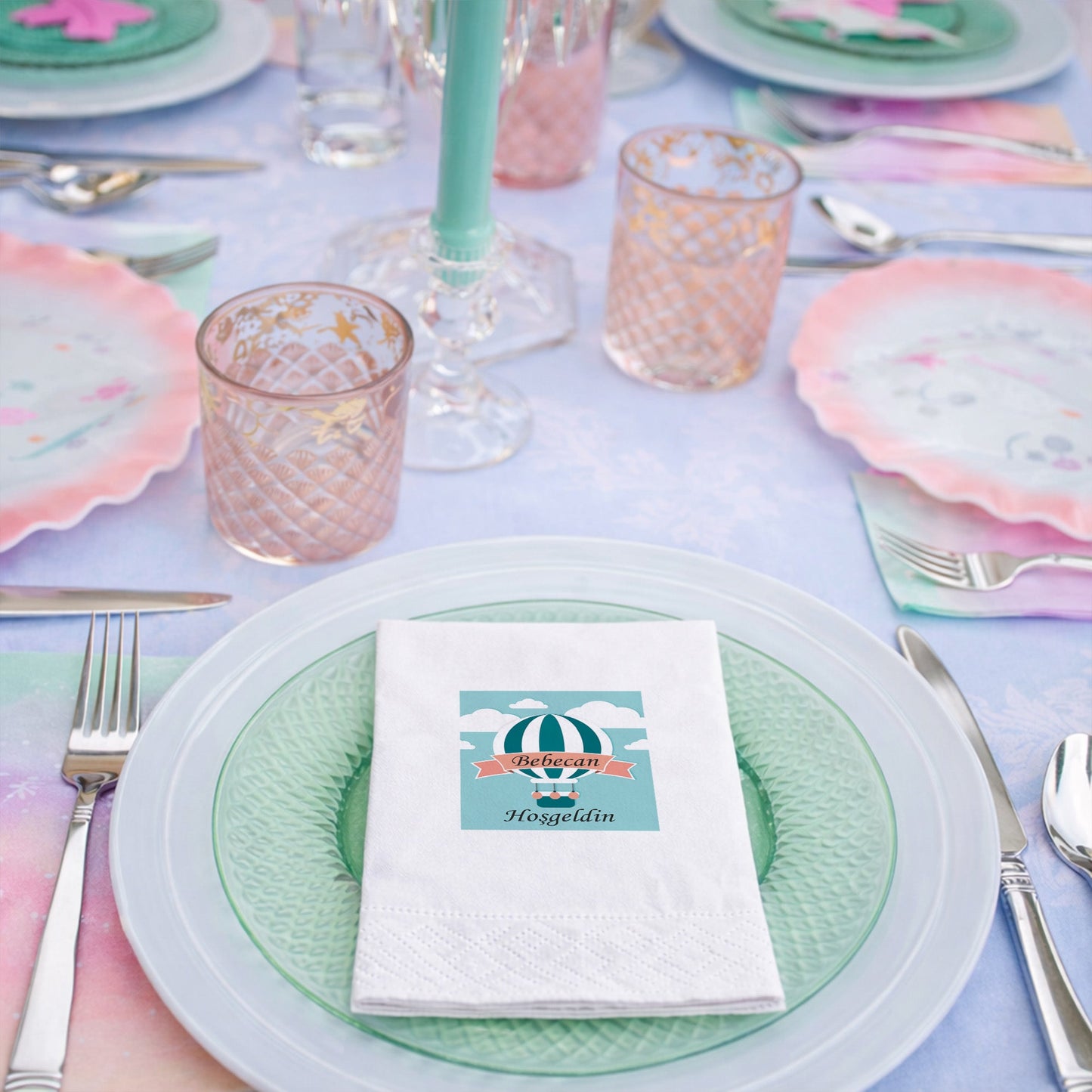 Pembe Balon Temalı Kişiye Özel Kız Bebek Hoş Geldin Peçetesi