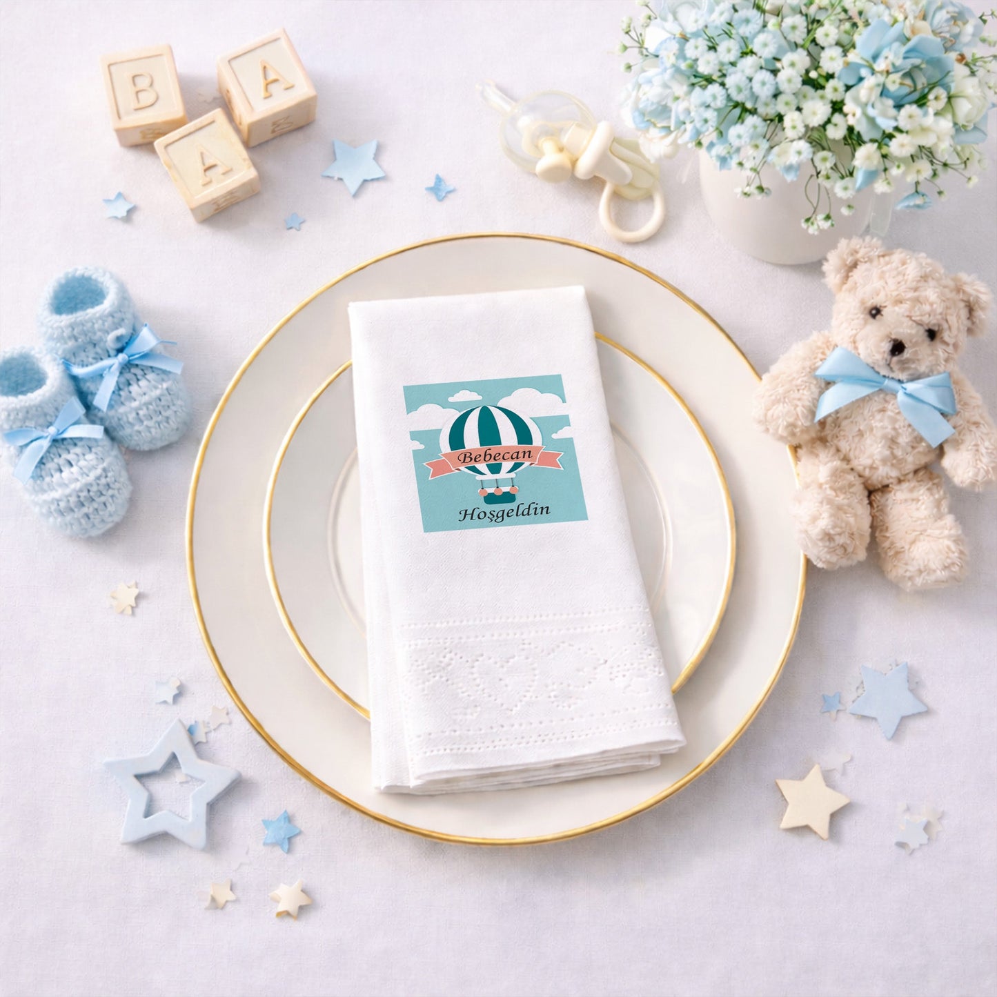 Pembe Balon Temalı Kişiye Özel Kız Bebek Hoş Geldin Peçetesi