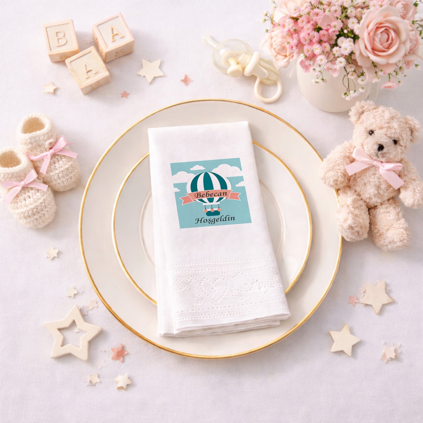 Pembe Balon Temalı Kişiye Özel Kız Bebek Hoş Geldin Peçetesi