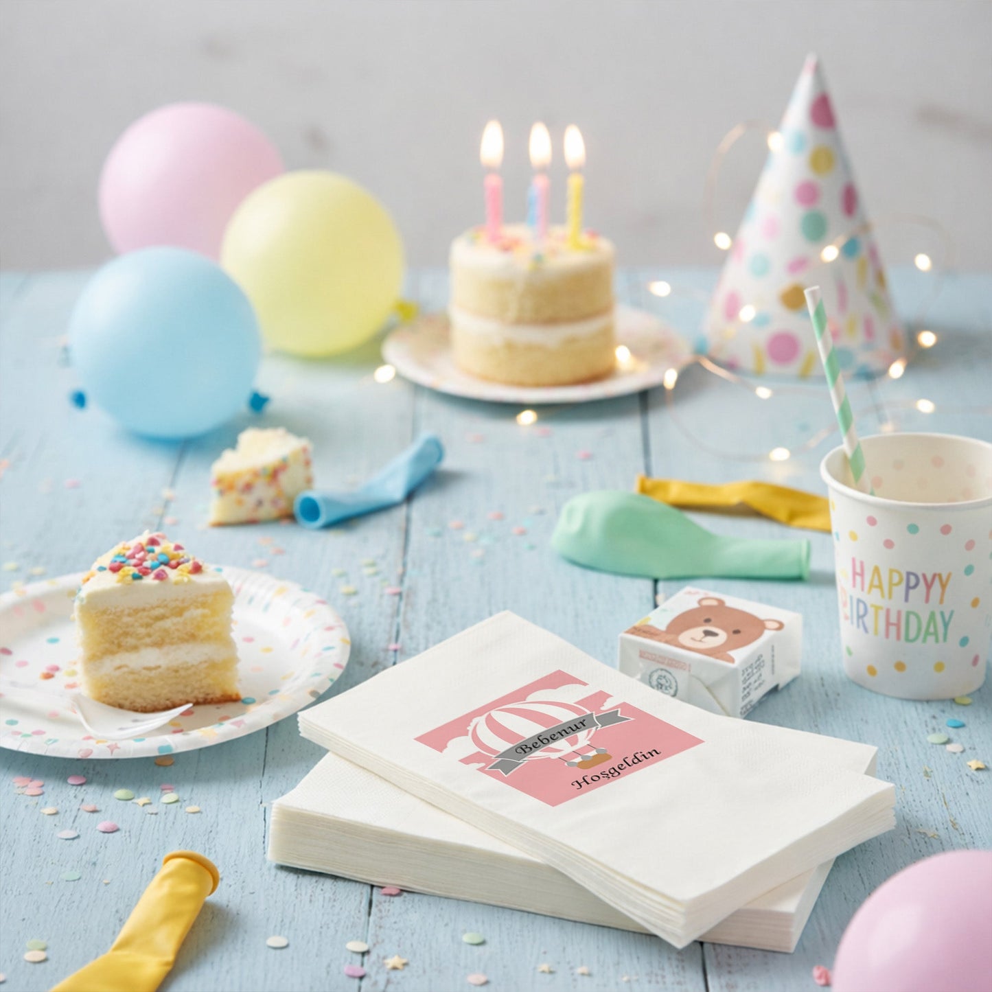 Balonlu Fil Temalı Kişiye Özel Bebek Hoş Geldin Peçetesi