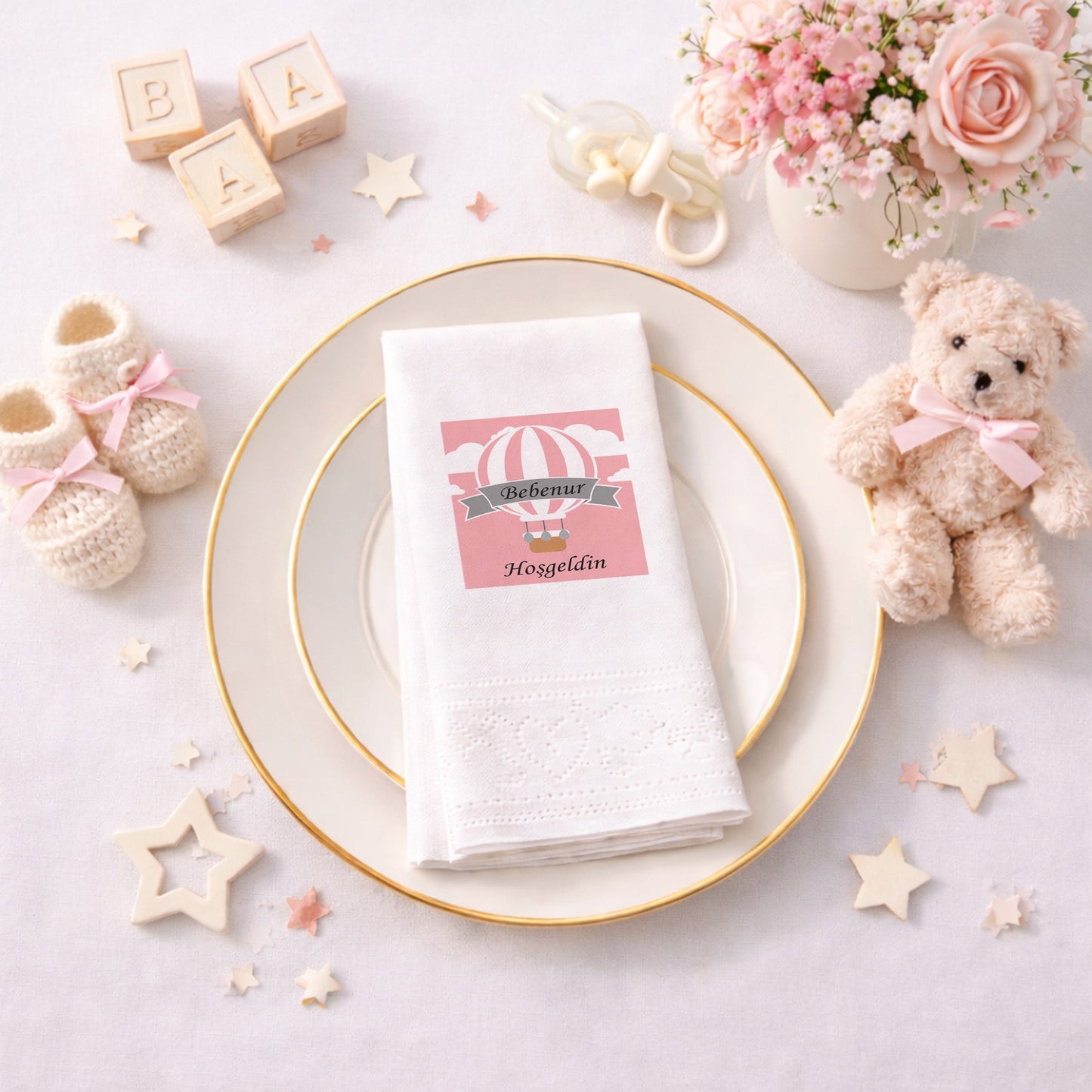 Balonlu Fil Temalı Kişiye Özel Bebek Hoş Geldin Peçetesi