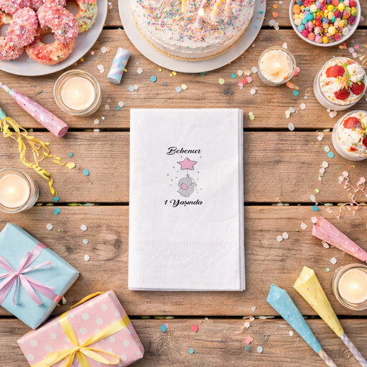 Yıldız Balonlu Fil Temalı Kişiye Özel Kız Bebek 1 Yaş Peçetesi