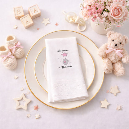 Yıldız Balonlu Fil Temalı Kişiye Özel Kız Bebek 1 Yaş Peçetesi