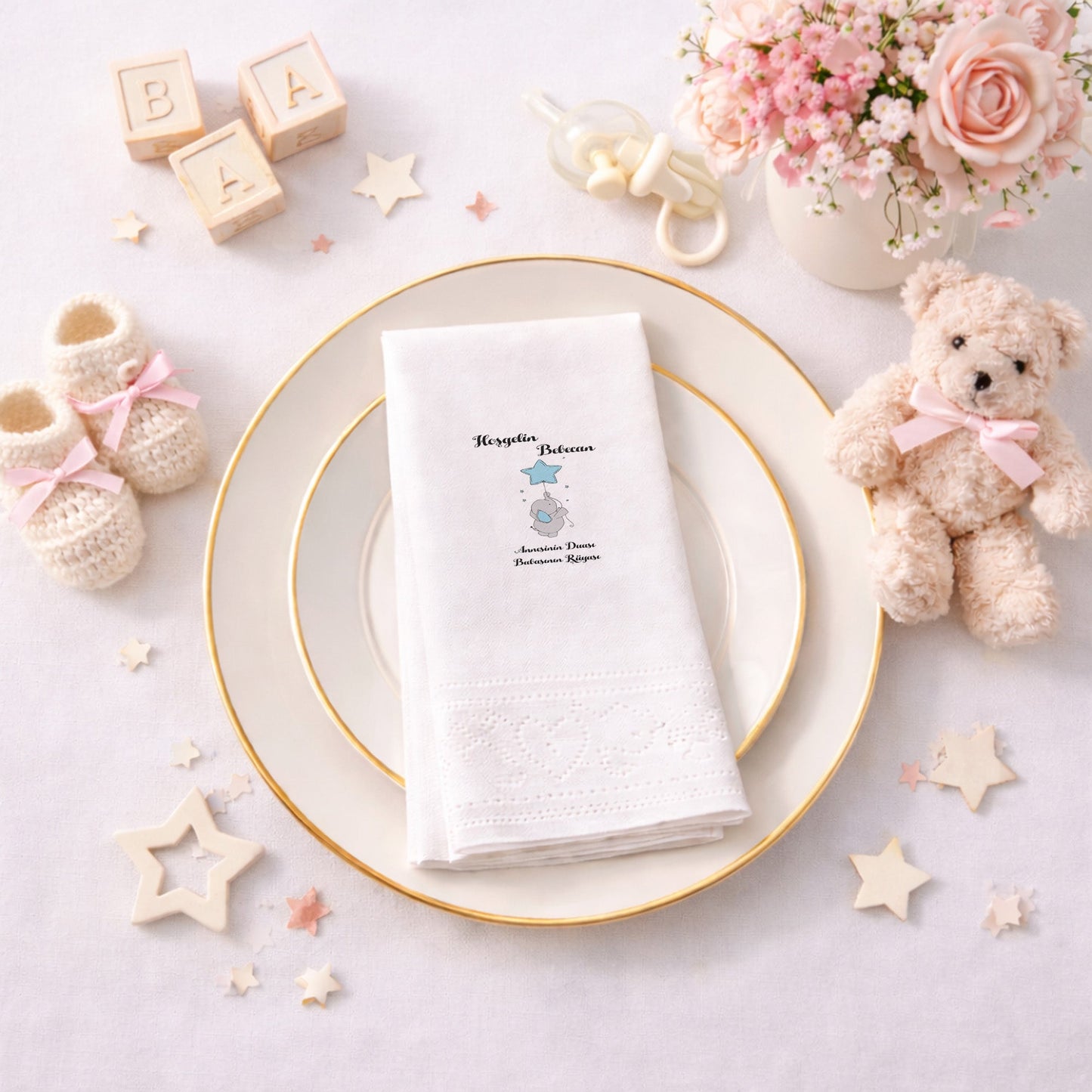 Mavi Yıldız Balonlu Fil Temalı Kişiye Özel Bebek Peçetesi