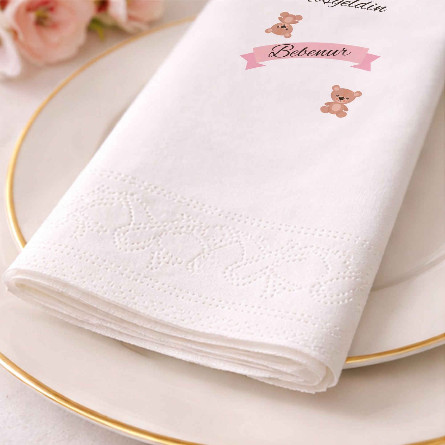 Ayıcık Kurdeleli Kişiye Özel Kız Bebek Hoş Geldin Peçetesi