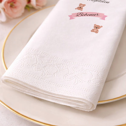 Ayıcık Kurdeleli Kişiye Özel Kız Bebek Hoş Geldin Peçetesi