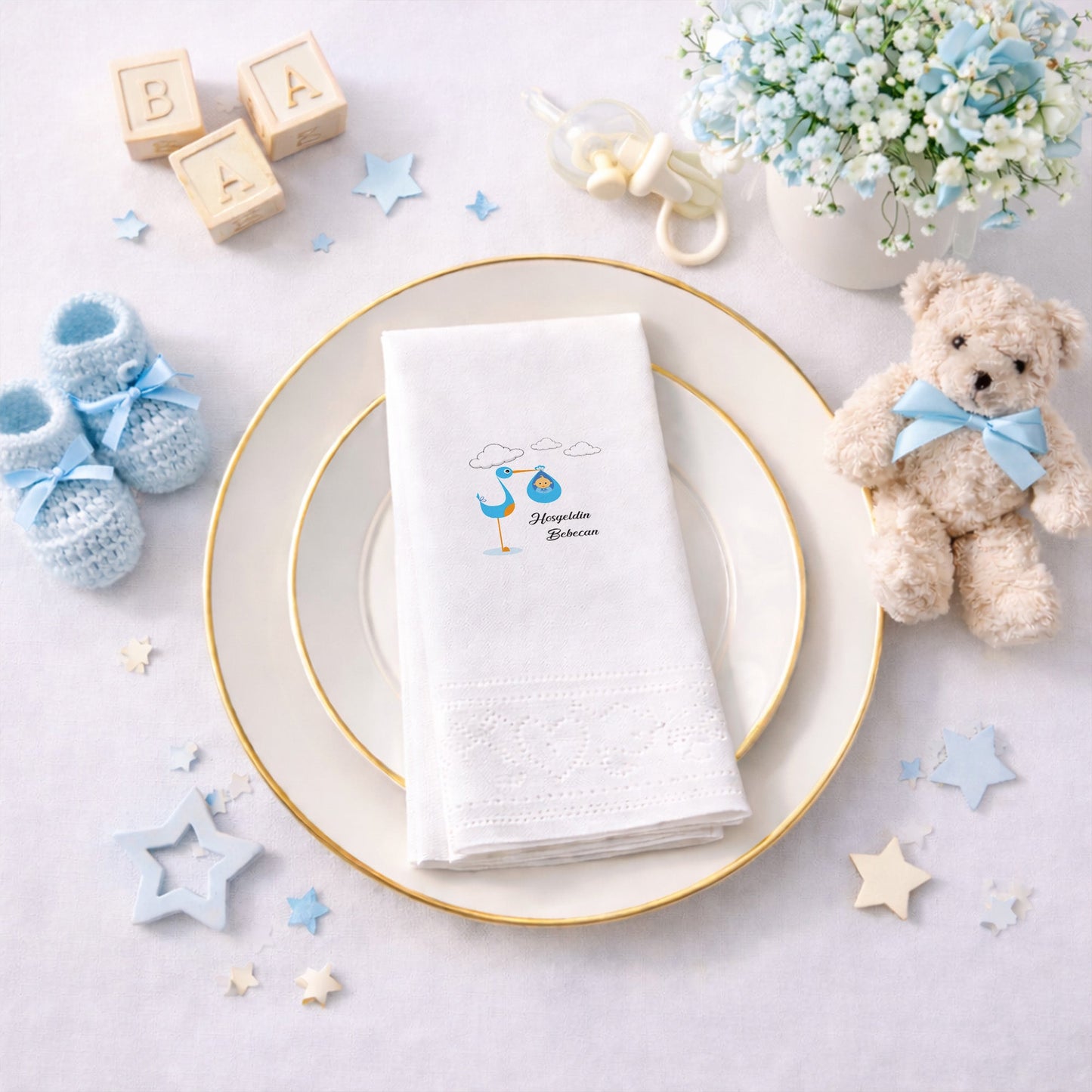 Leylek Temalı Kişiye Özel Erkek Bebek Hoş Geldin Peçetesi