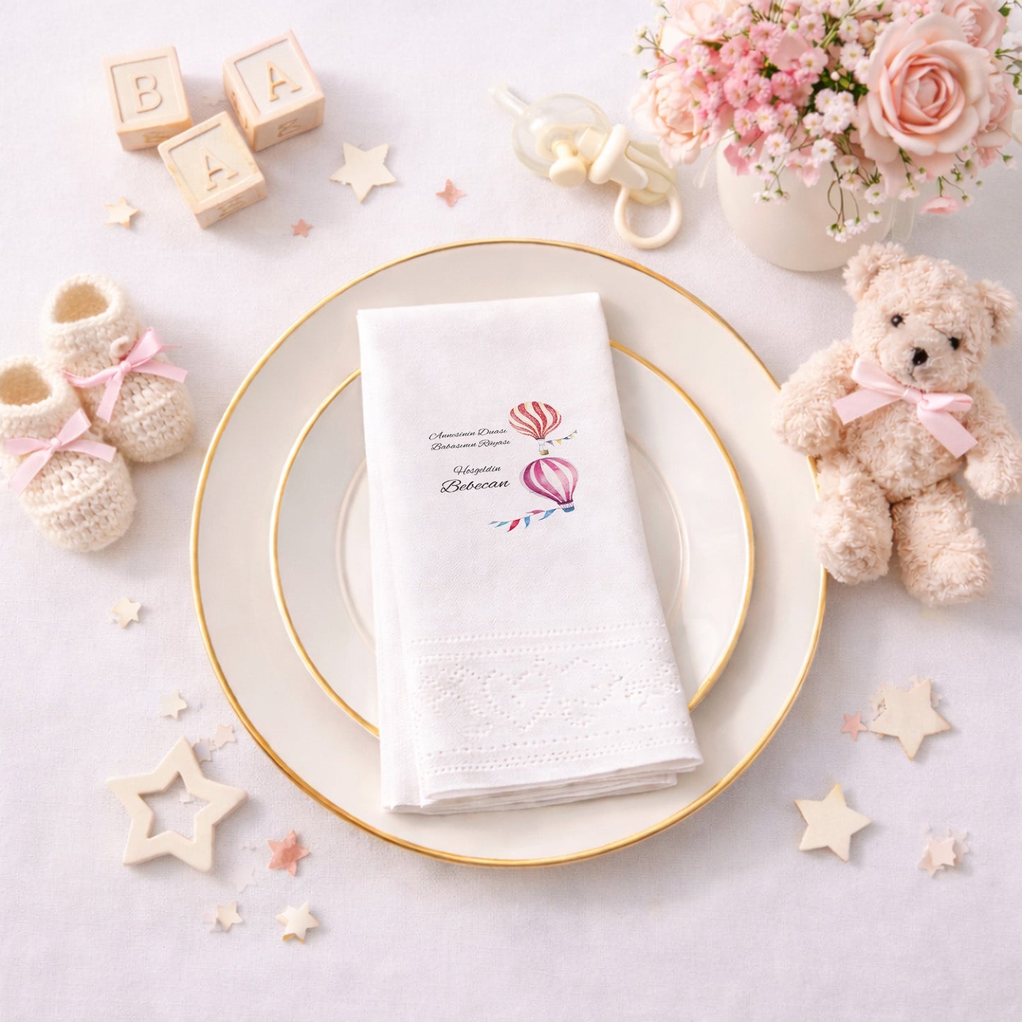 Balonlu Ayıcık Temalı Kişiye Özel Erkek Bebek Hoş Geldin Peçetesi