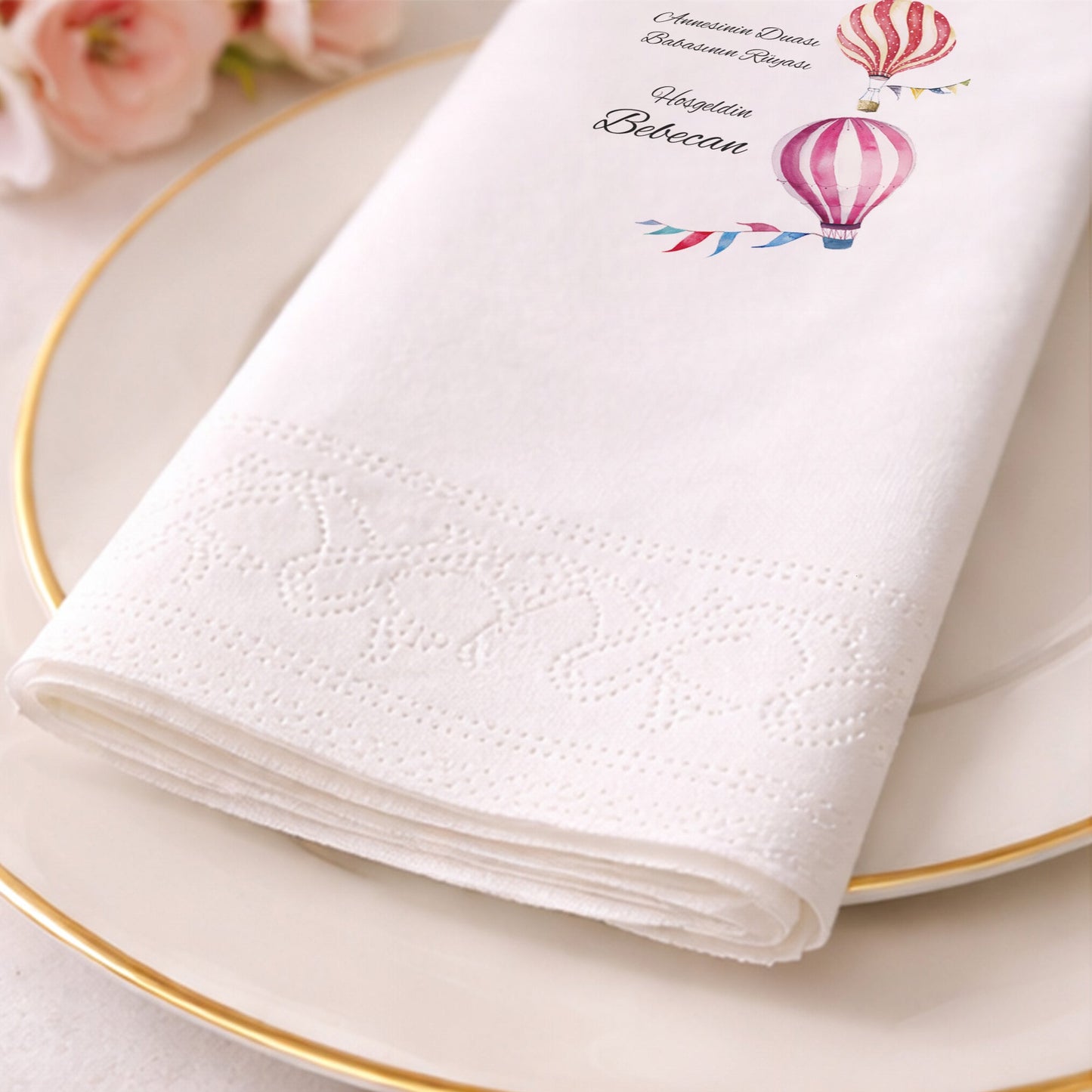 Balonlu Ayıcık Temalı Kişiye Özel Erkek Bebek Hoş Geldin Peçetesi