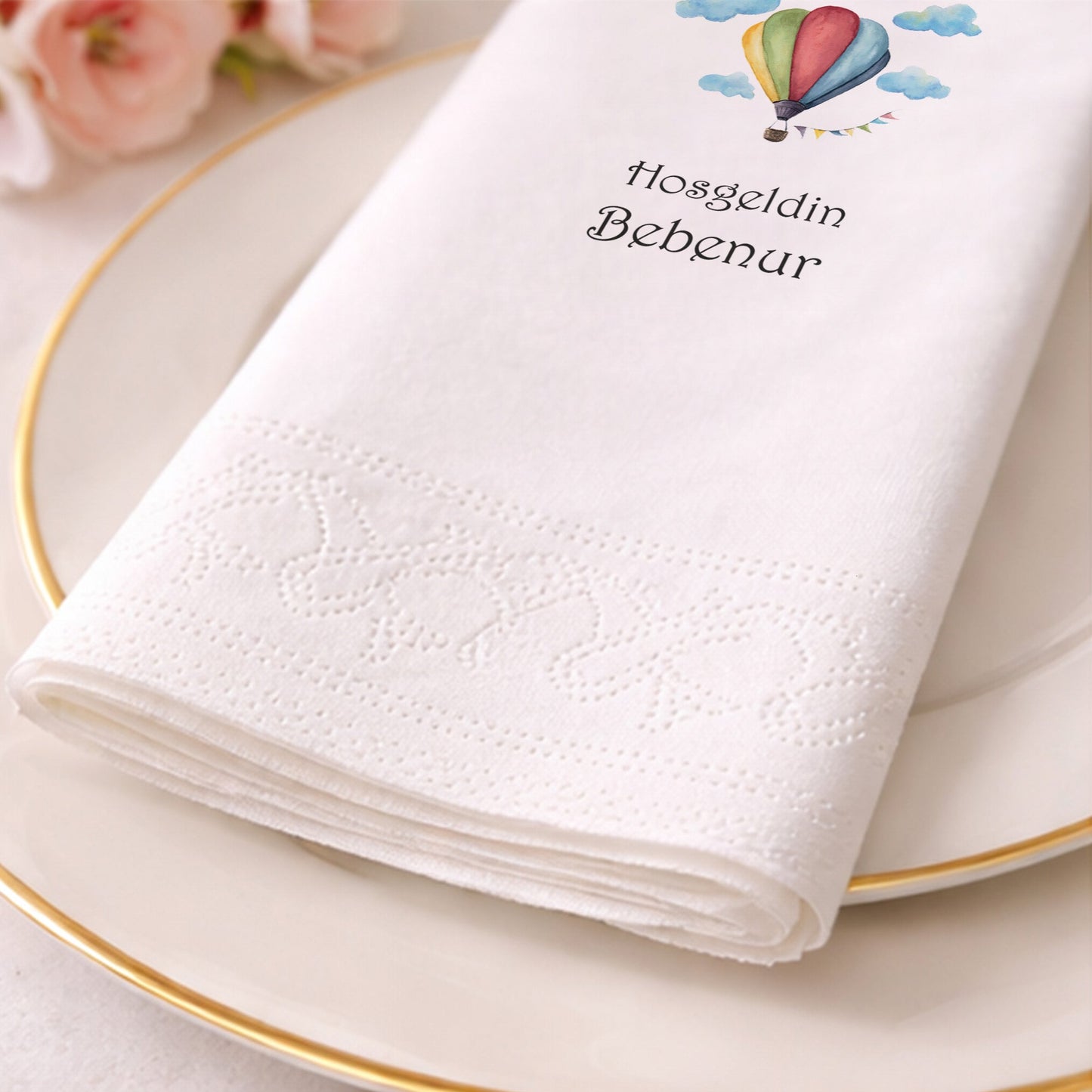 Balonlu Fil Temalı Kişiye Özel Kız Bebek Hoş Geldin Peçetesi