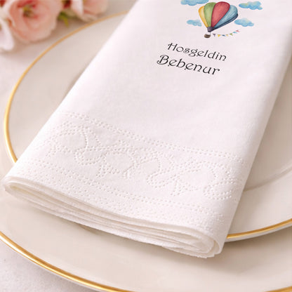 Balonlu Fil Temalı Kişiye Özel Kız Bebek Hoş Geldin Peçetesi