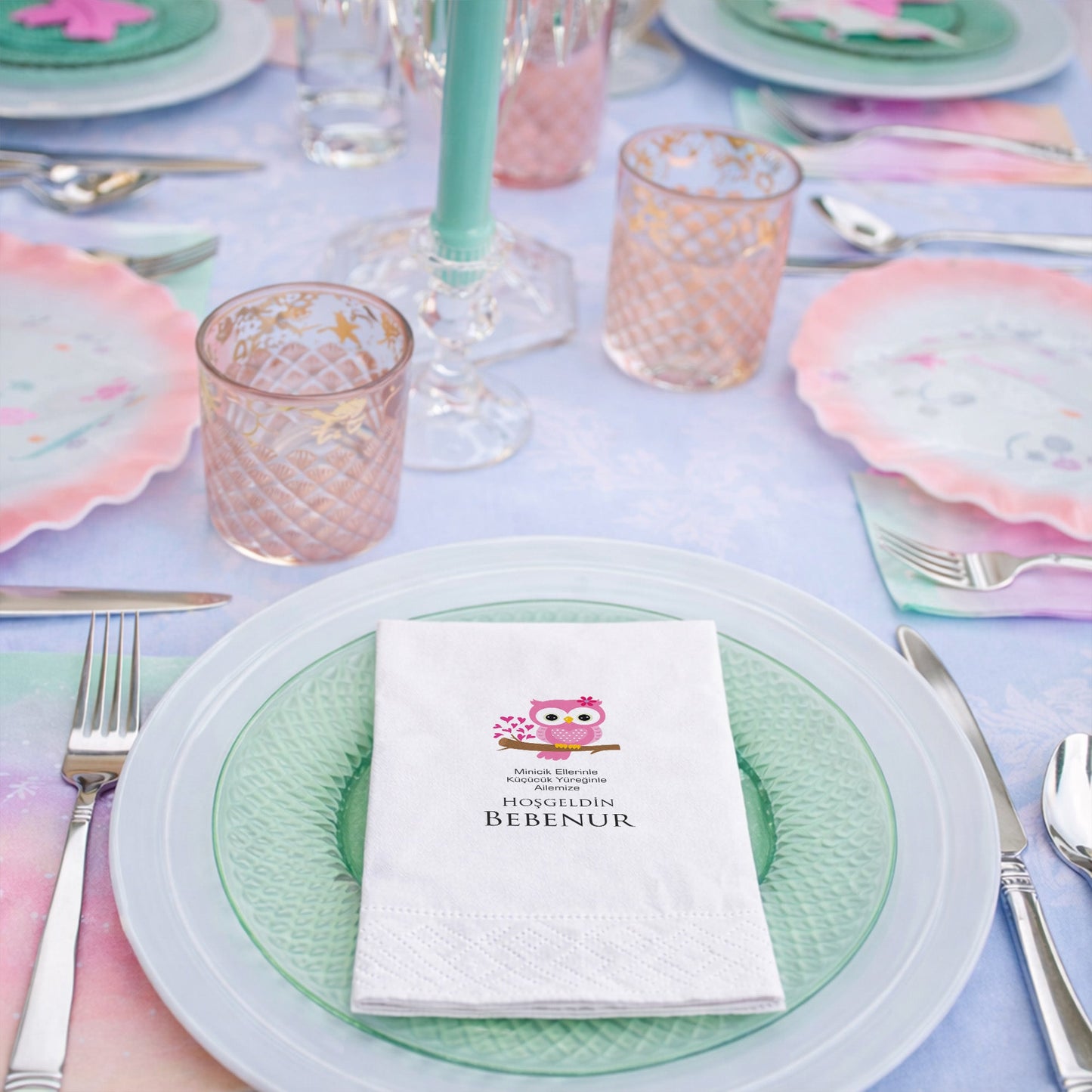 Pembe Baykuş Temalı Bebenur Yenidoğan Bebek Peçetesi