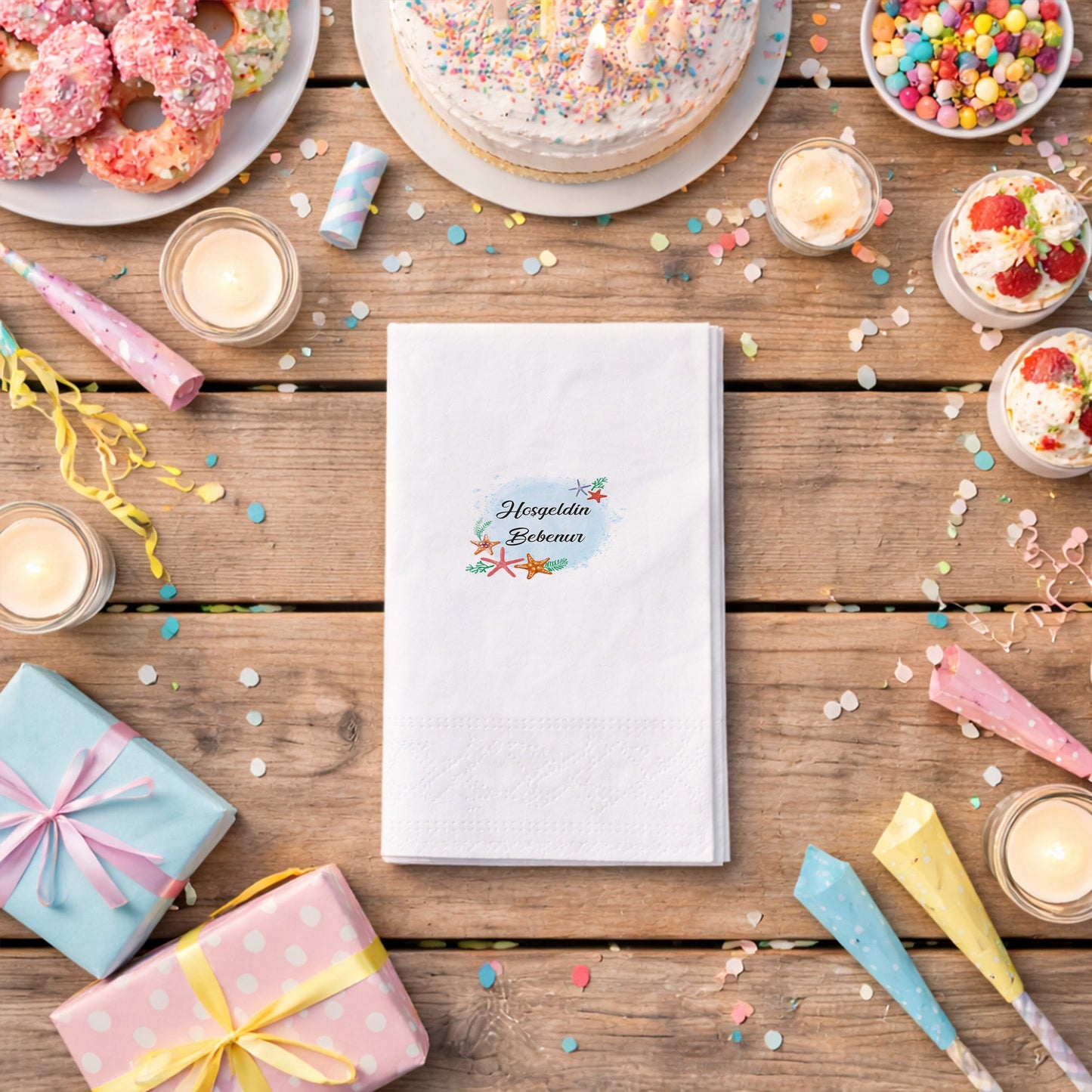 Deniz Yıldızı Desenli Mavi Bebenur Baby Shower Peçetesi
