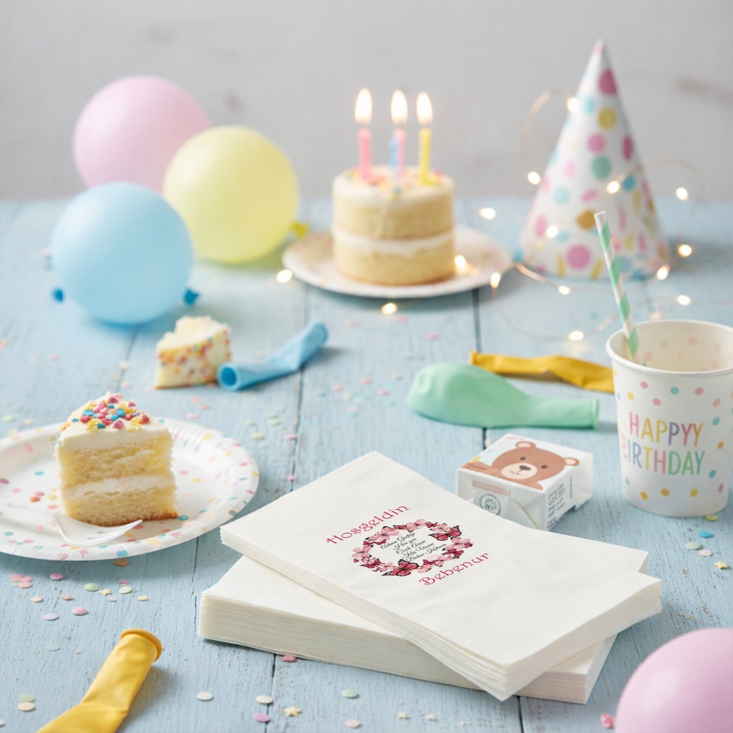 Pembe Kelebek Çelengi ve Şiir Detaylı Bebenur Özel Gün Peçetesi