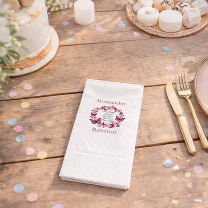 Pembe Kelebek Çelengi ve Şiir Detaylı Bebenur Özel Gün Peçetesi