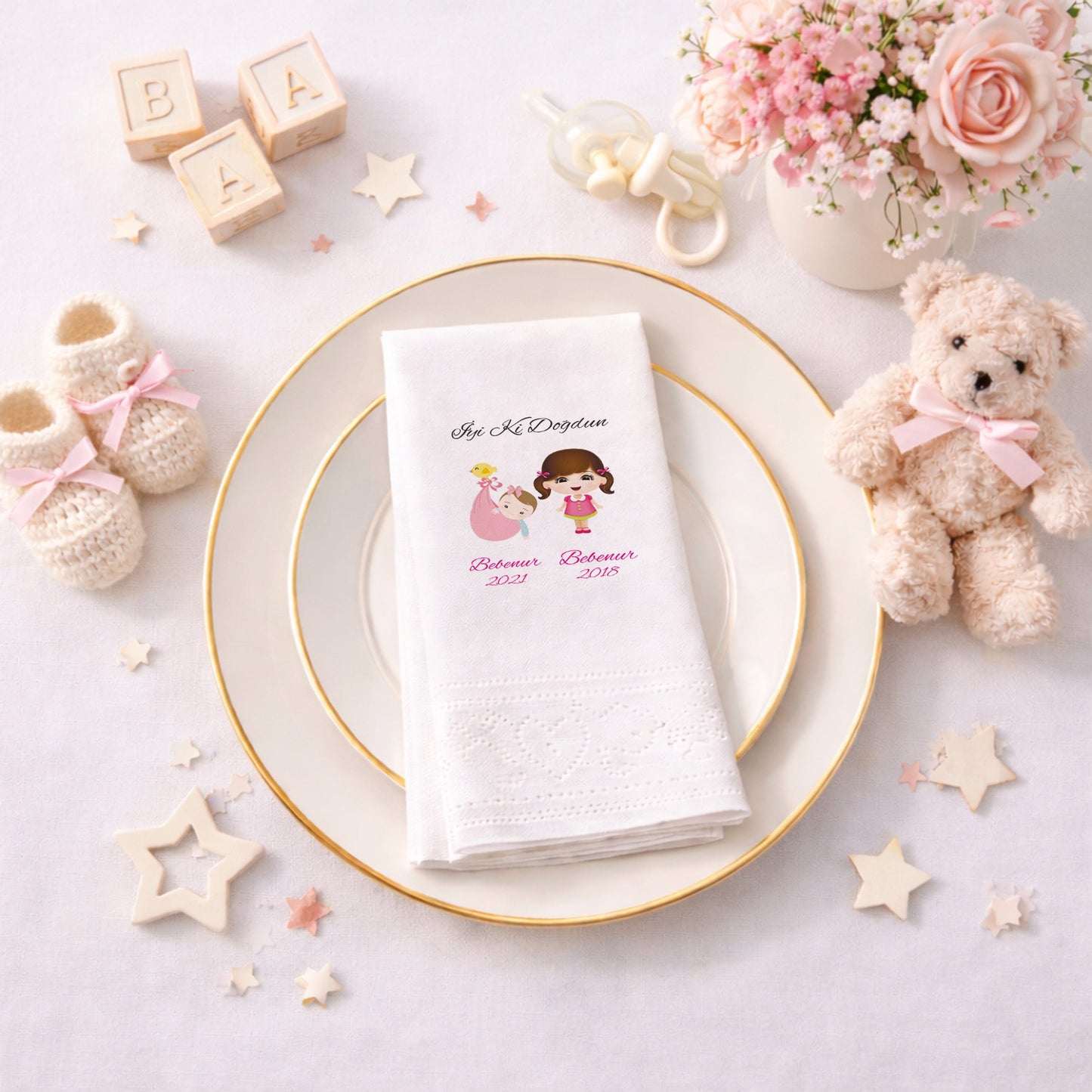 İki Kardeş/Yıl Temalı Bebenur Çift Tarihli Özel Gün Peçetesi