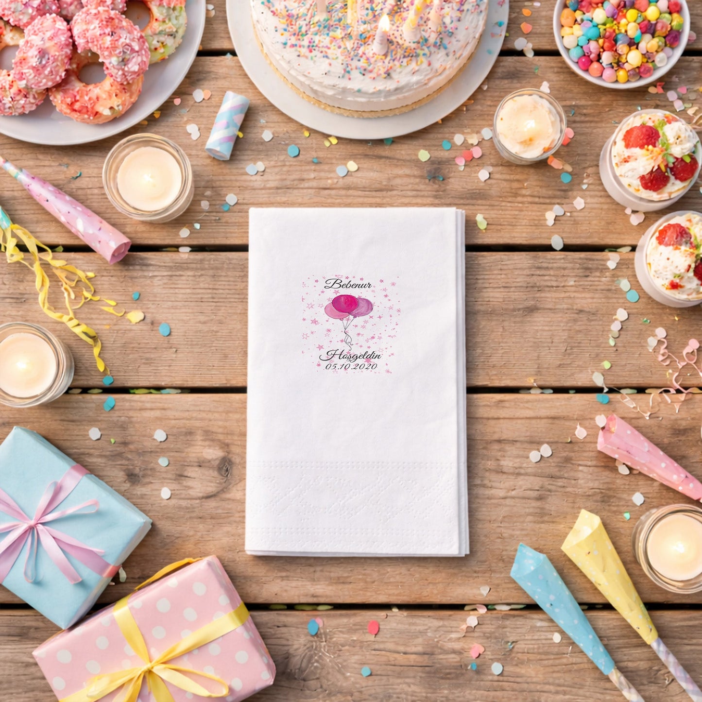 Pembe Balonlu ve Yıldızlı Hoşgeldin Bebenur Peçetesi