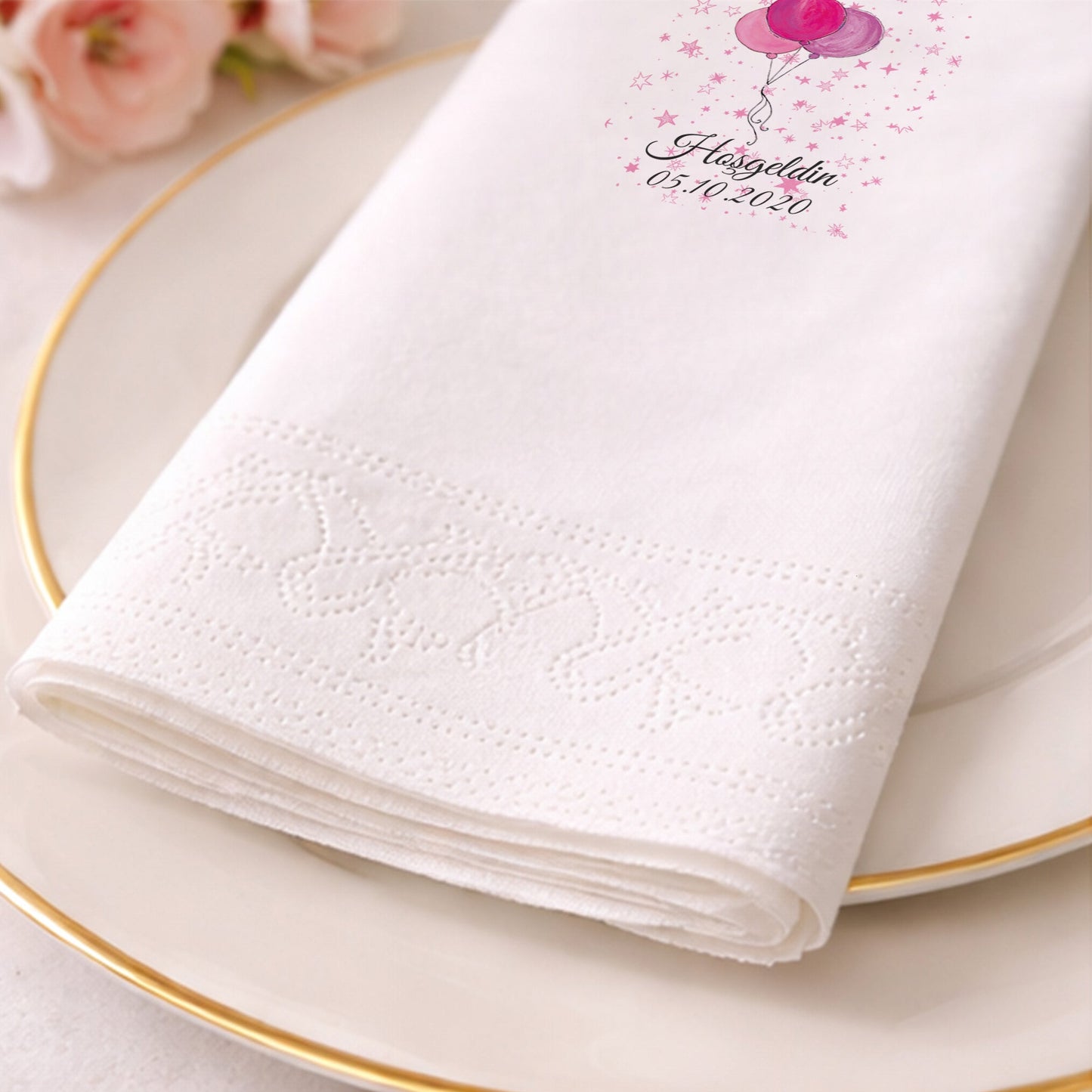 Pembe Balonlu ve Yıldızlı Hoşgeldin Bebenur Peçetesi