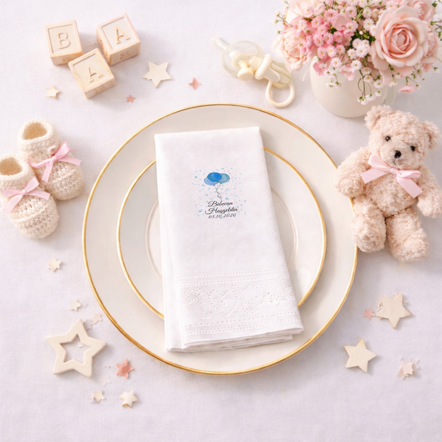 Mavi Balonlu ve Yıldızlı Hoşgeldin Bebecan Peçetesi