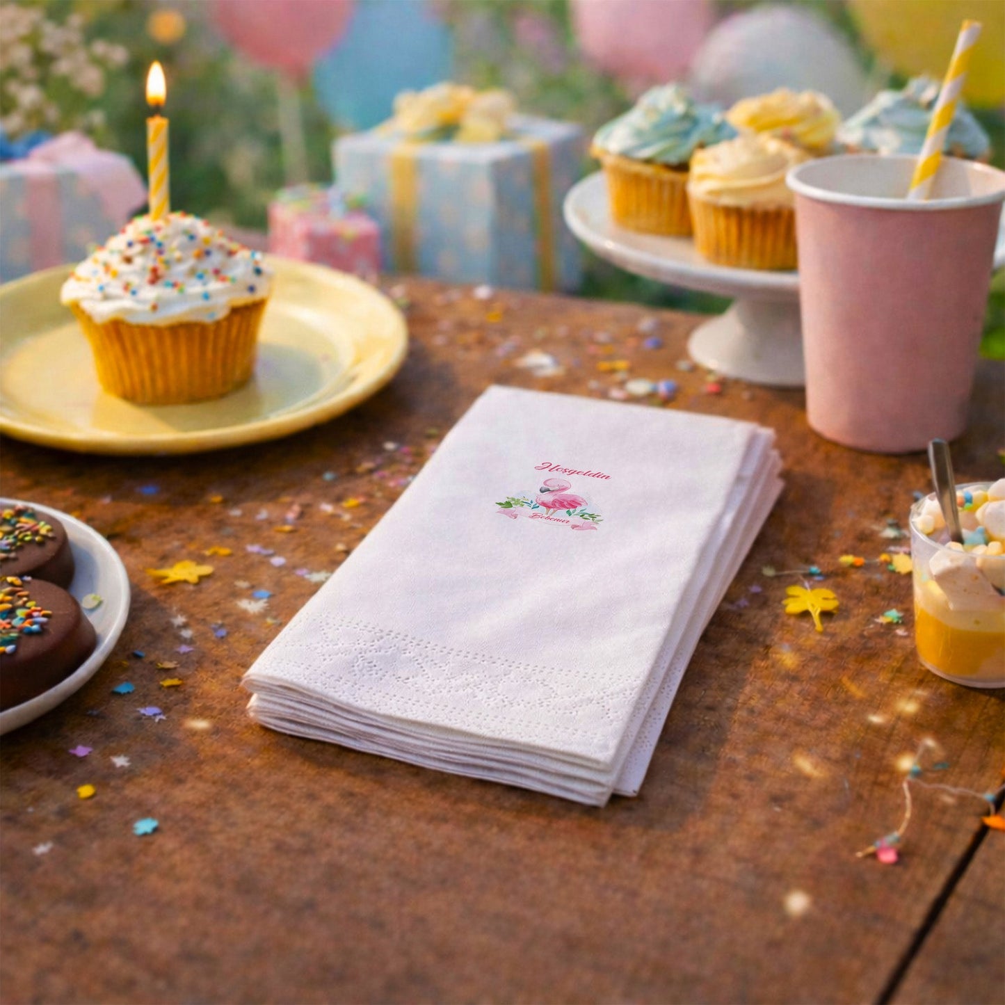 Zarif Flamingo Desenli Hoşgeldin Bebenur Baby Shower Peçetesi