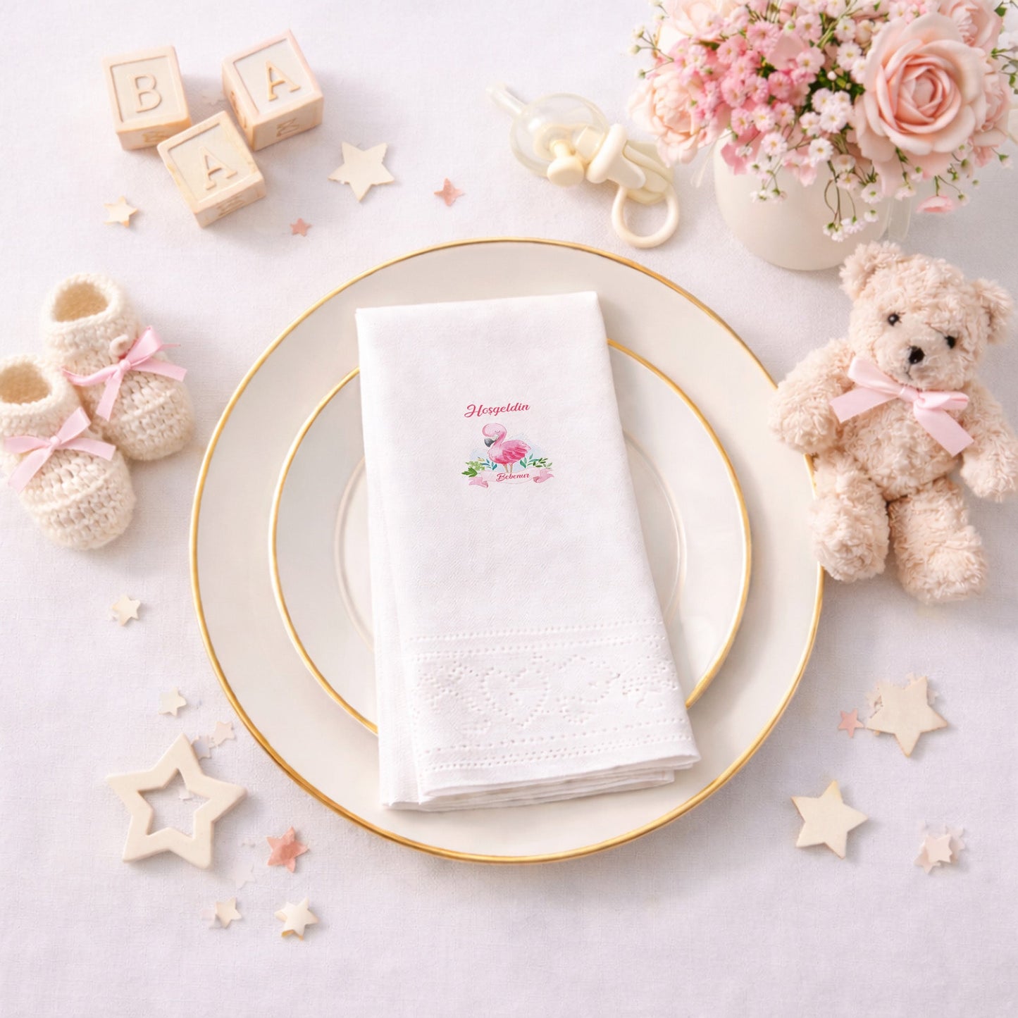 Zarif Flamingo Desenli Hoşgeldin Bebenur Baby Shower Peçetesi