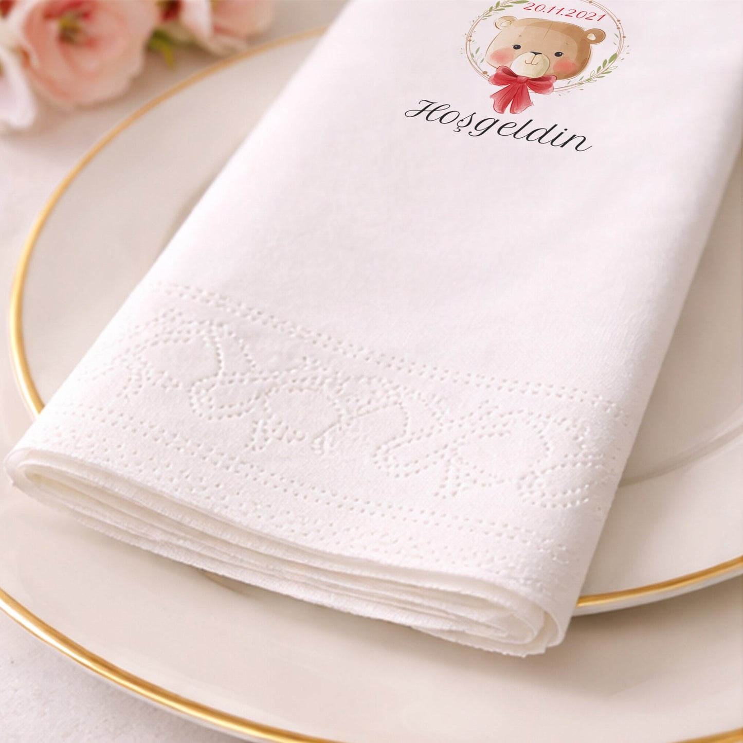 Bebecan Hoşgeldin Kırmızı Fiyonklu Ayıcık Temalı Peçete