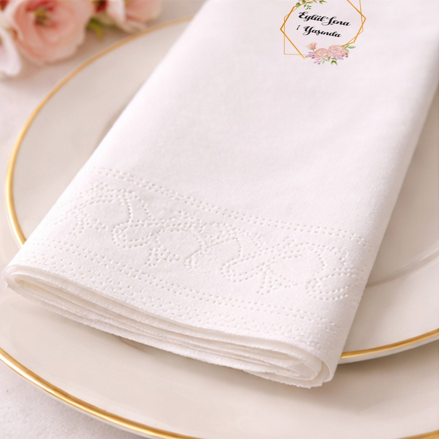 Eylül Lena 1 Yaşında Çiçekli Geometrik Çerçeveli Peçete