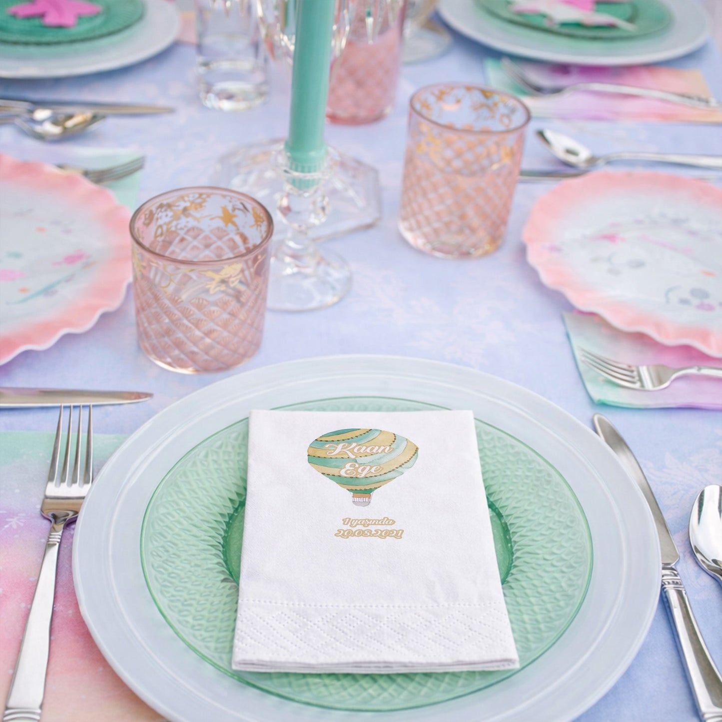 Kaan Ege Pastel Yeşil Bohem Sıcak Hava Balonu Temalı Peçete