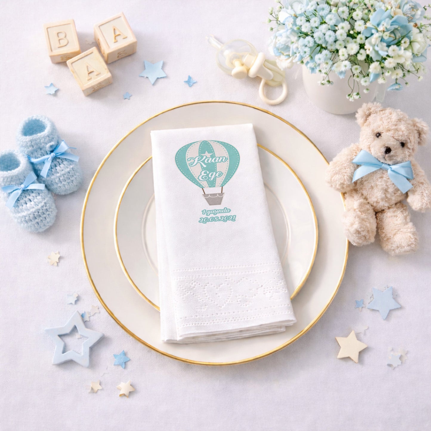 Mint Yeşili Yıldız Detaylı Sıcak Hava Balonu Tasarımlı Özel Gün Peçetesi