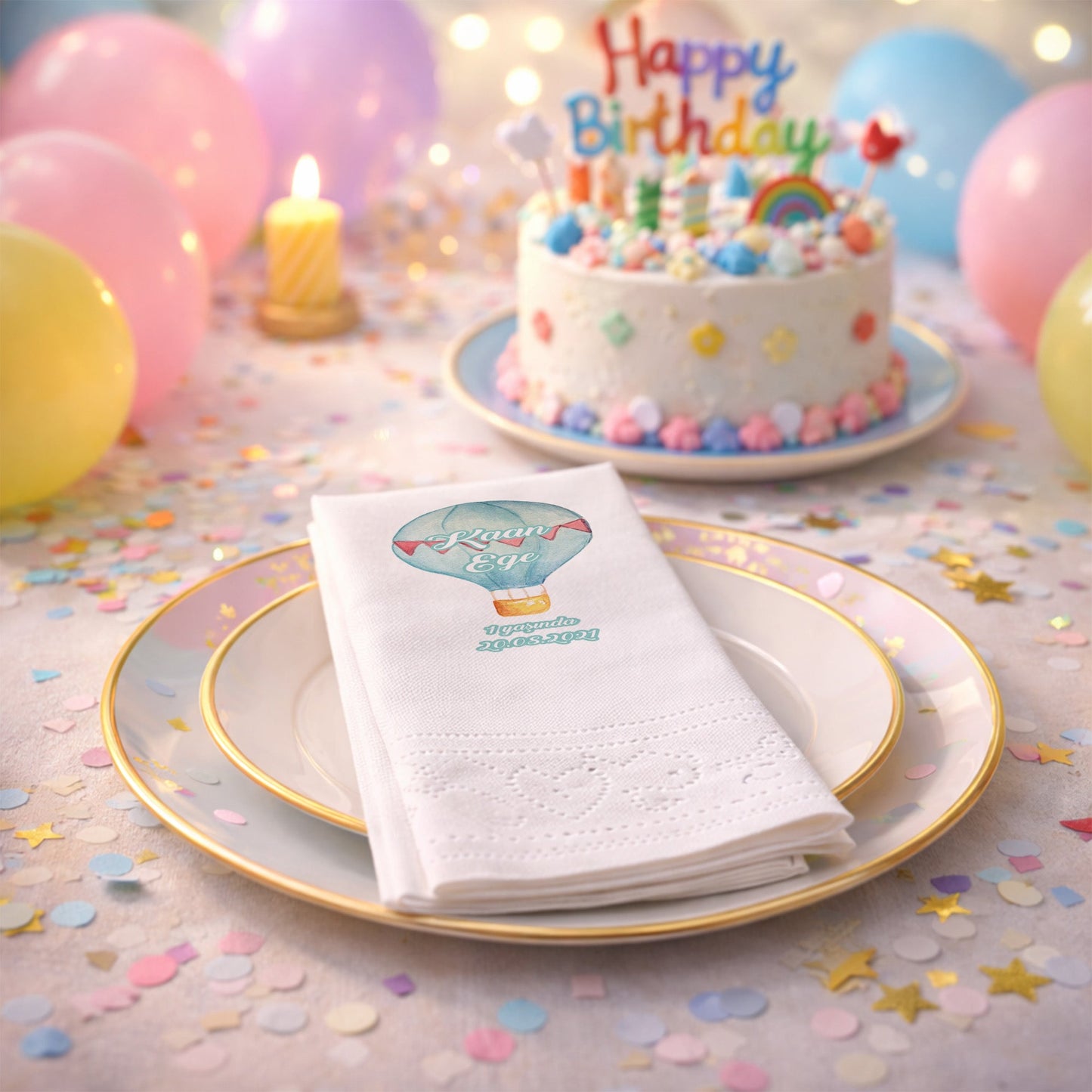 Kaan Ege Mavi Suluboya Balon ve Flama Desenli Özel Gün Peçetesi