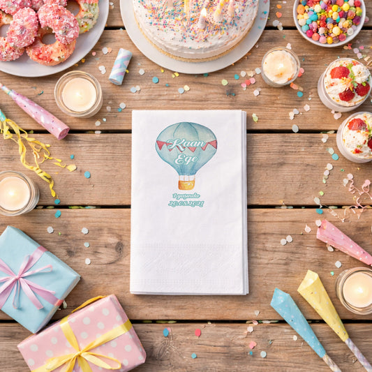 Kaan Ege Mavi Suluboya Balon ve Flama Desenli Özel Gün Peçetesi