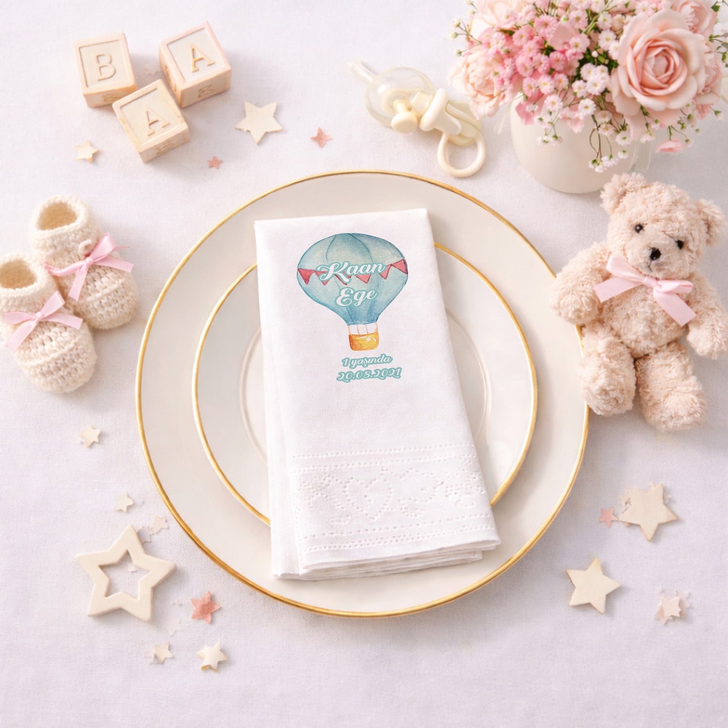 Kaan Ege Mavi Suluboya Balon ve Flama Desenli Özel Gün Peçetesi