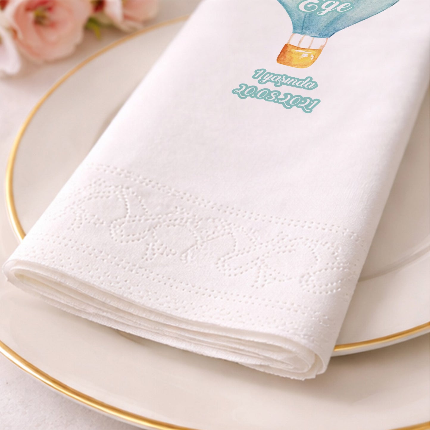 Kaan Ege Mavi Suluboya Balon ve Flama Desenli Özel Gün Peçetesi