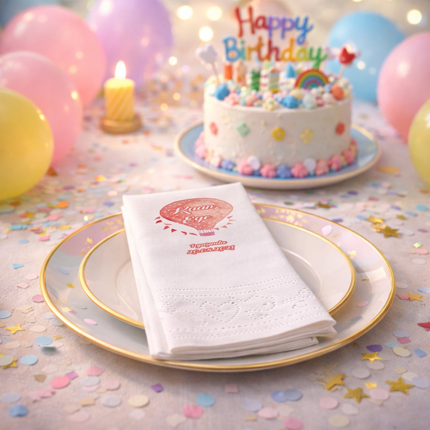 Kaan Ege Puantiyeli Turuncu Sıcak Hava Balonu Temalı Parti Peçetesi