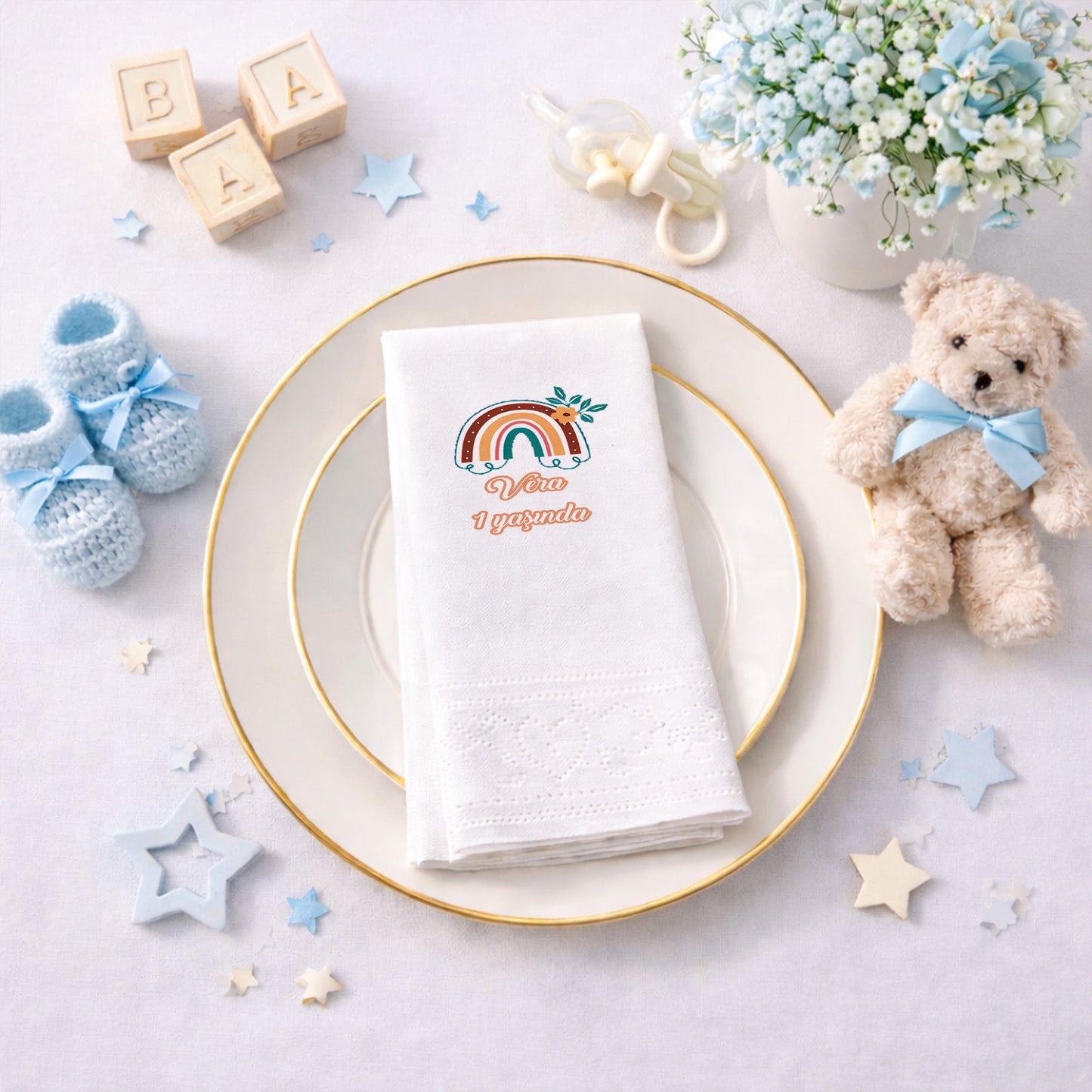 Bohem Çiçekli Gökkuşağı Temalı Vera 1 Yaş Peçetesi