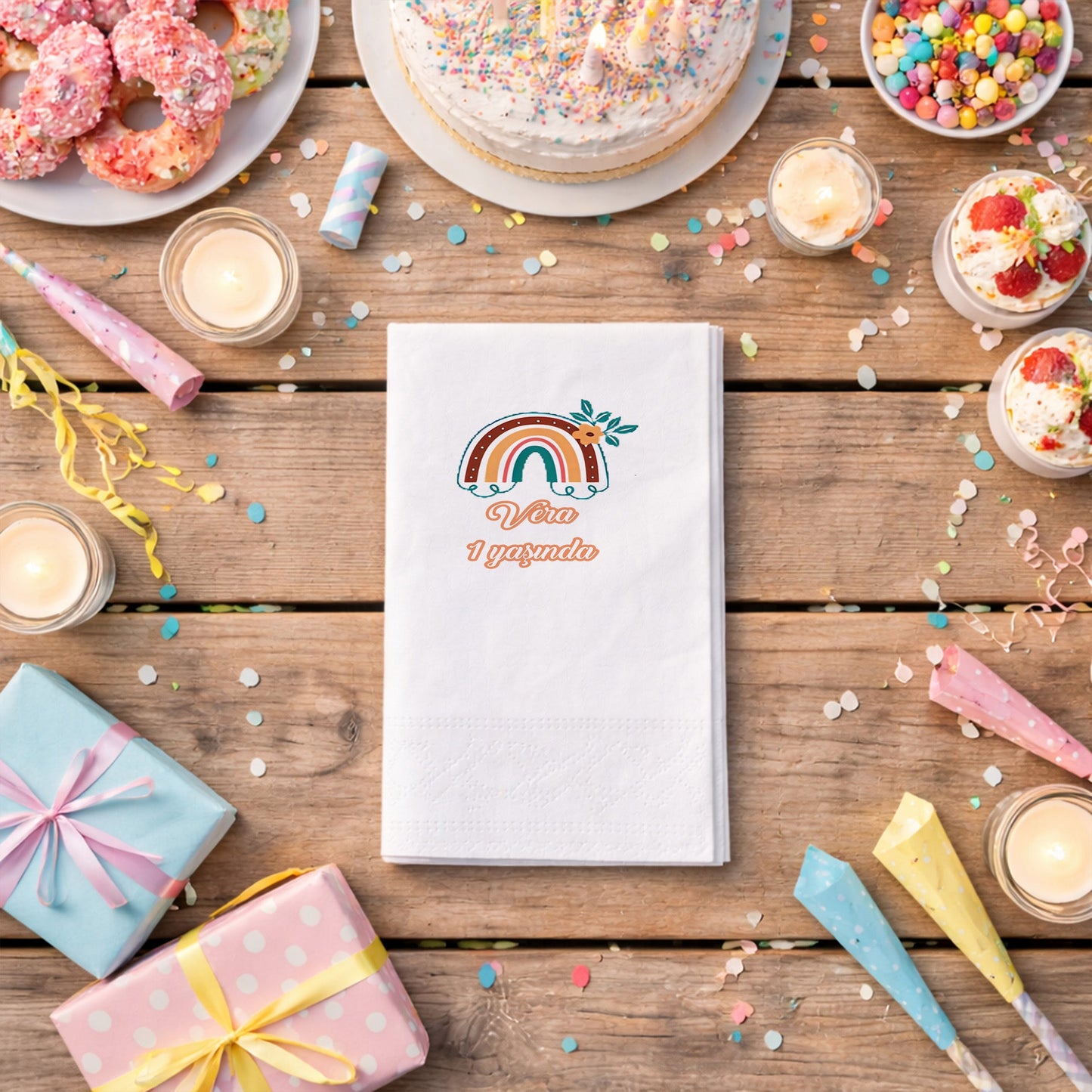 Bohem Çiçekli Gökkuşağı Temalı Vera 1 Yaş Peçetesi