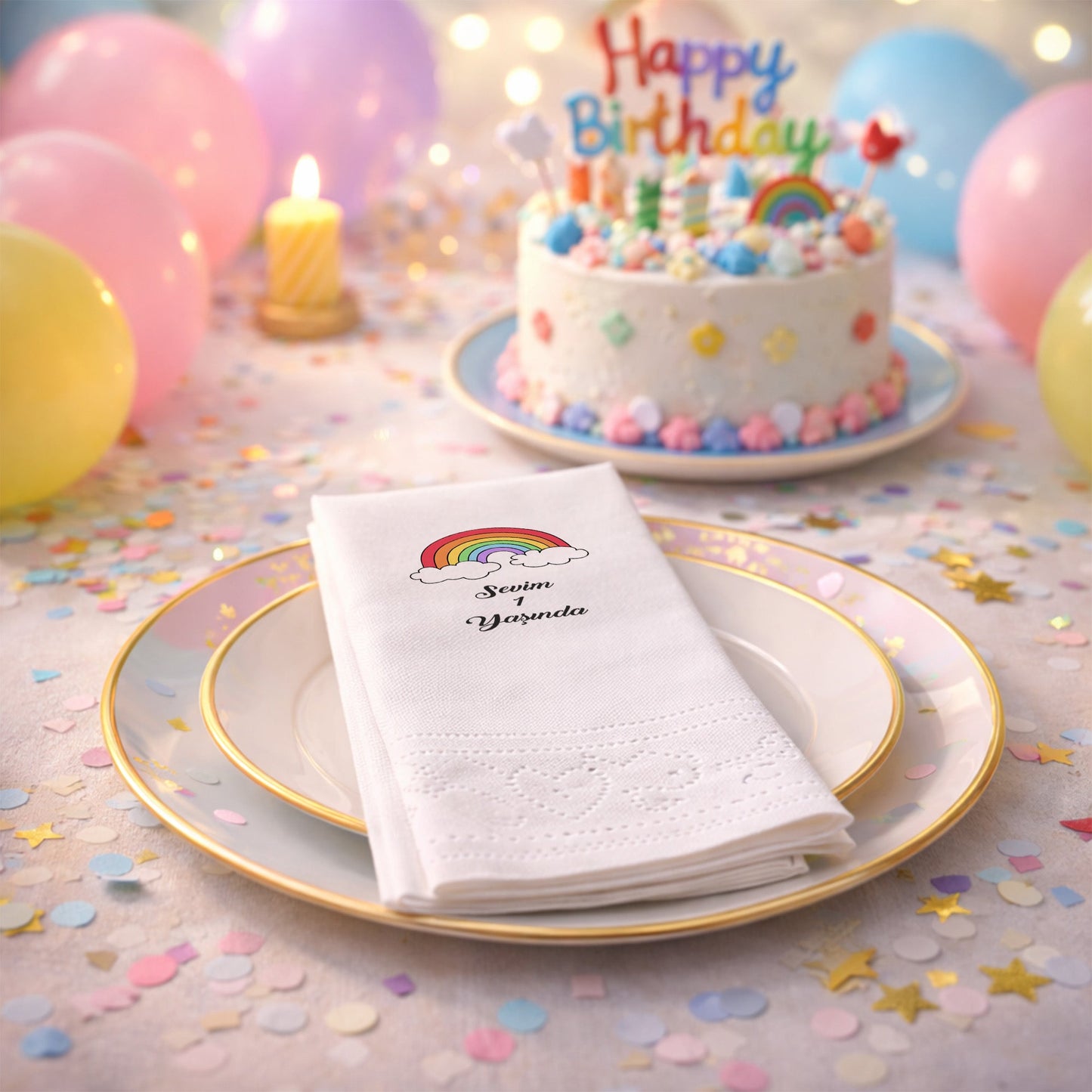 Pastel Bulutlu Soft Gökkuşağı Sevim 1 Yaş Peçetesi