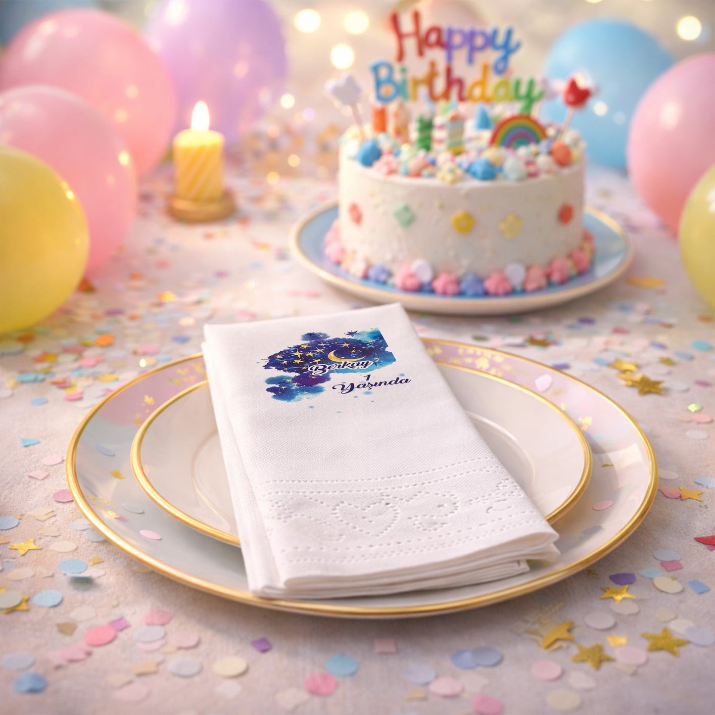 Berkay 1 Yaşında Ay ve Yıldız Temalı Gece Gökyüzü Peçetesi