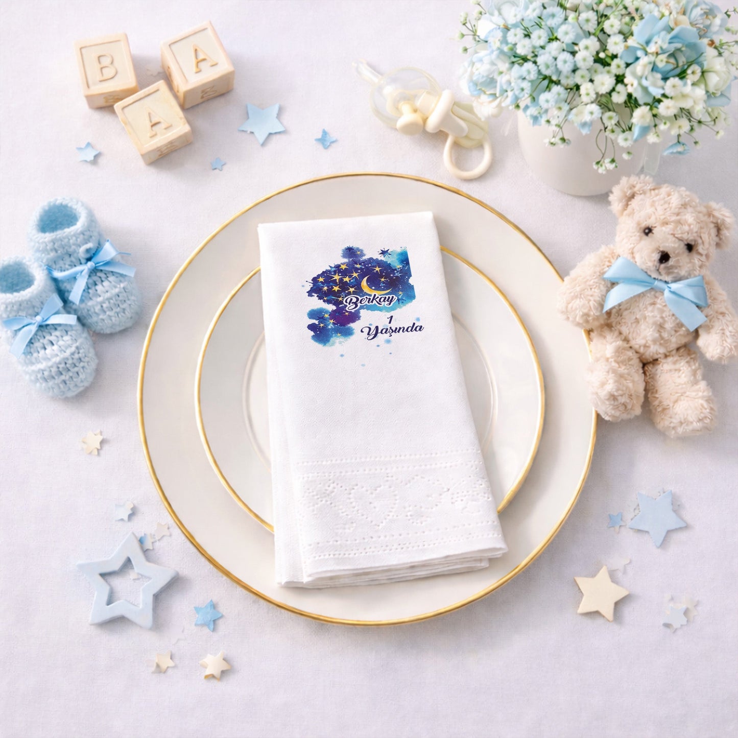 Berkay 1 Yaşında Ay ve Yıldız Temalı Gece Gökyüzü Peçetesi