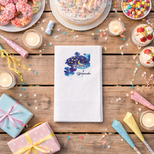 Berkay 1 Yaşında Ay ve Yıldız Temalı Gece Gökyüzü Peçetesi