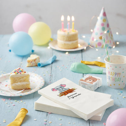 Emrecan 1 Yaşında Kütük Üstünde Fil Tasarımlı Doğum Günü Peçetesi