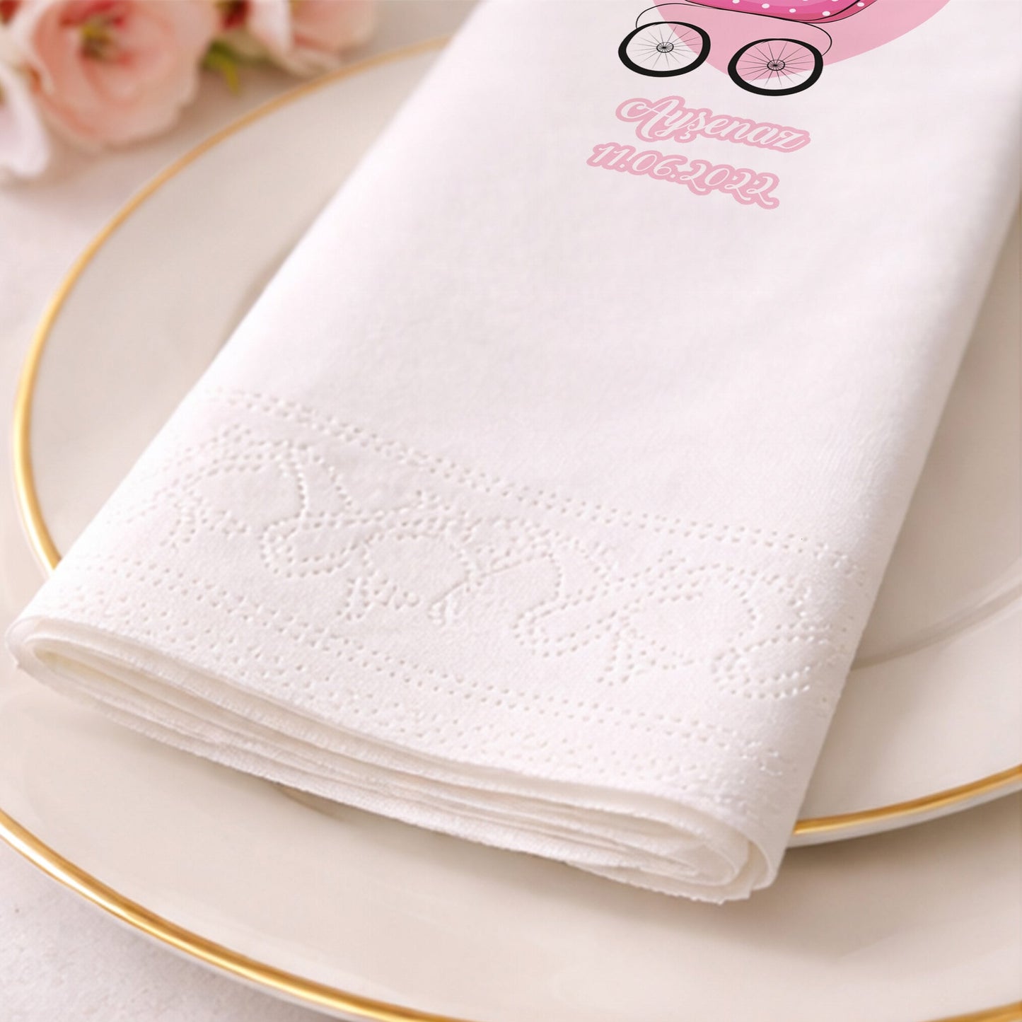 Ayşenaz İsme Özel Pembe Bebek Arabalı Doğum Günü Peçetesi