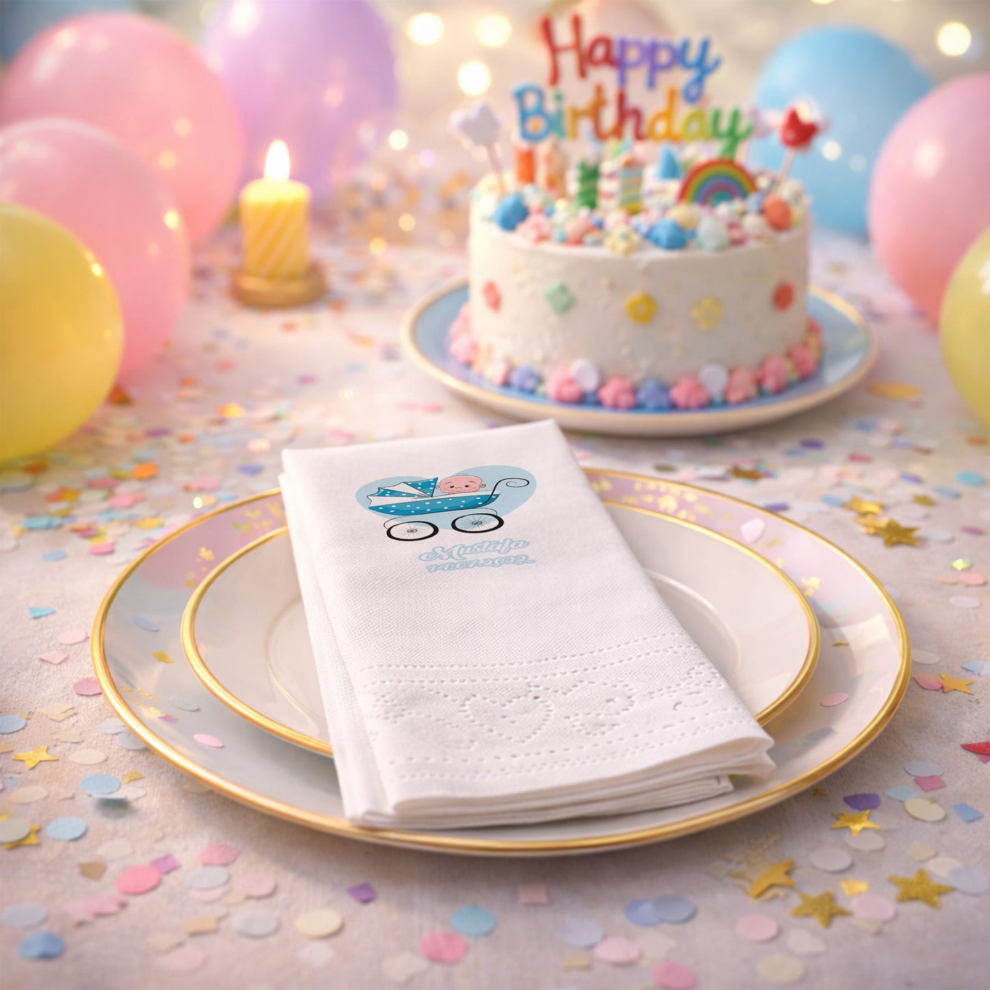 Mustafa İsme Özel Mavi Bebek Arabalı Baby Shower Peçetesi