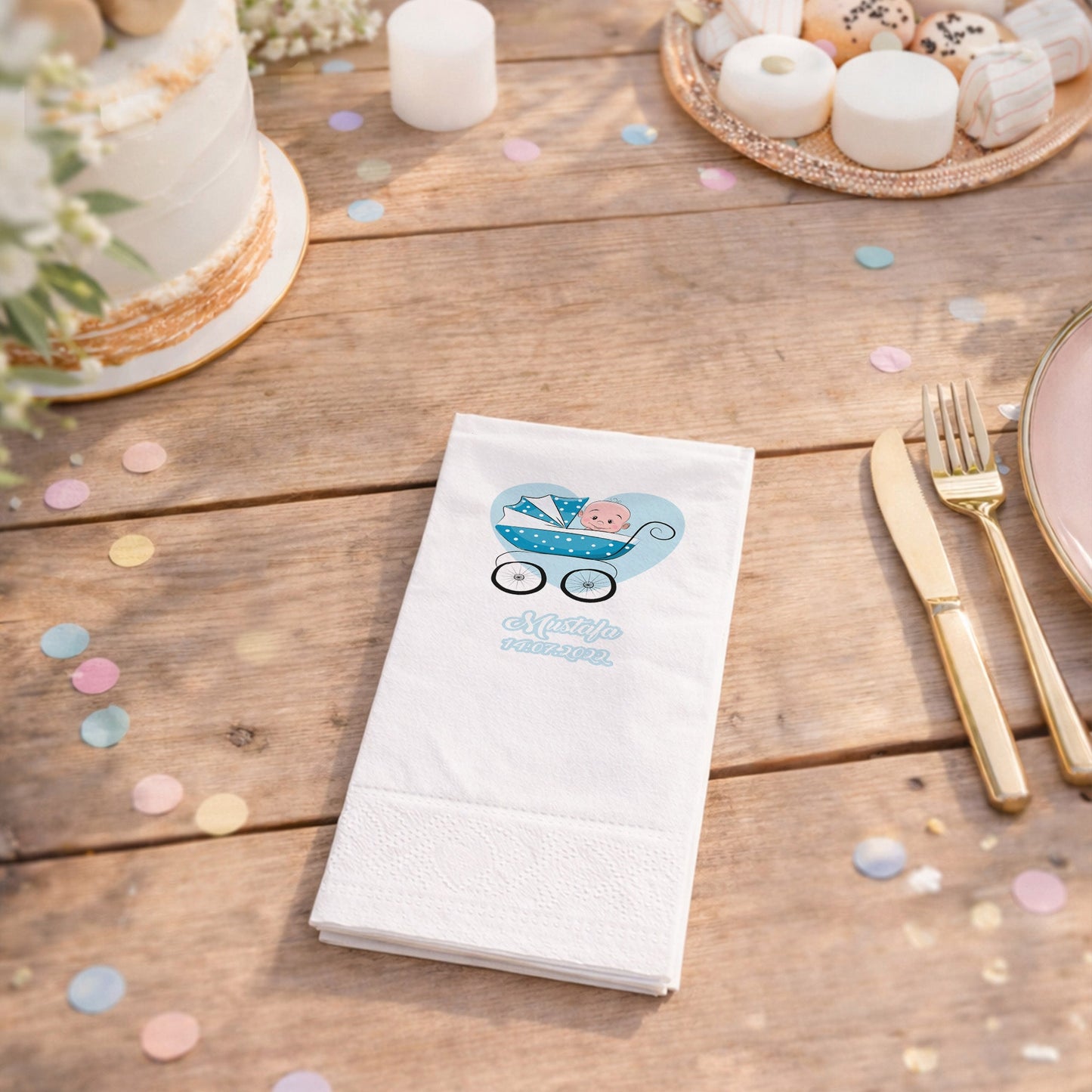 Mustafa İsme Özel Mavi Bebek Arabalı Baby Shower Peçetesi