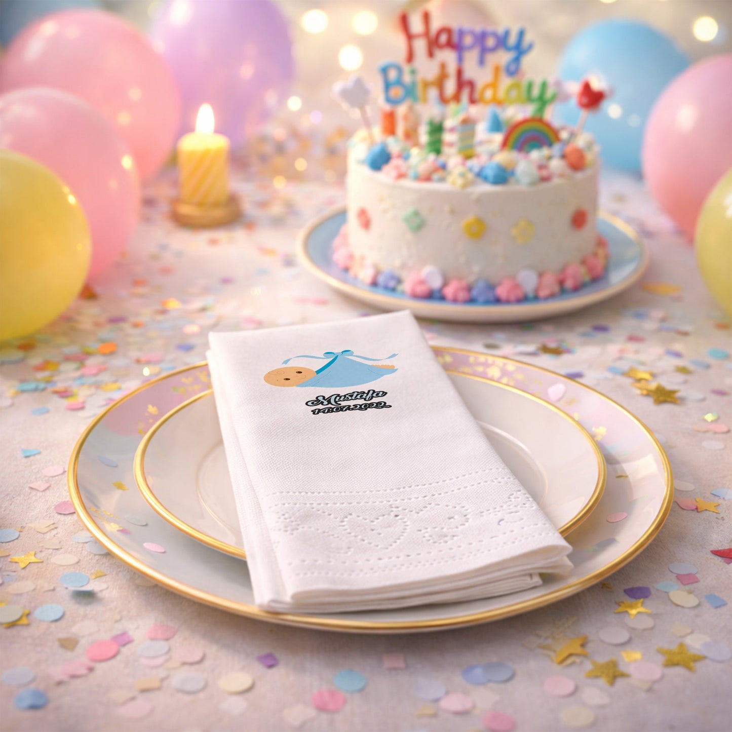 Mustafa İsme Özel Mavi Kundaklı Bebek Tasarımlı Baby Shower Peçetesi
