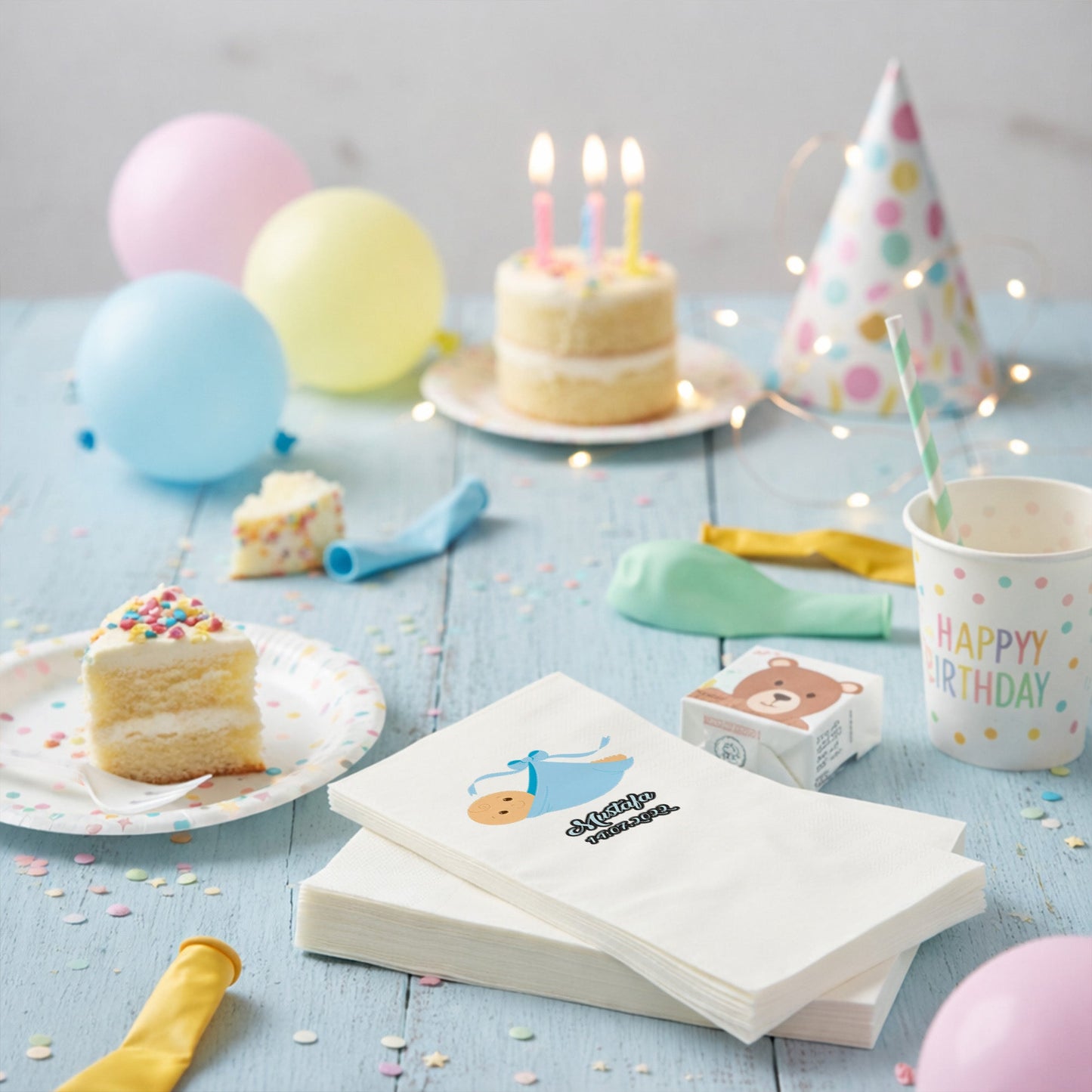 Mustafa İsme Özel Mavi Kundaklı Bebek Tasarımlı Baby Shower Peçetesi