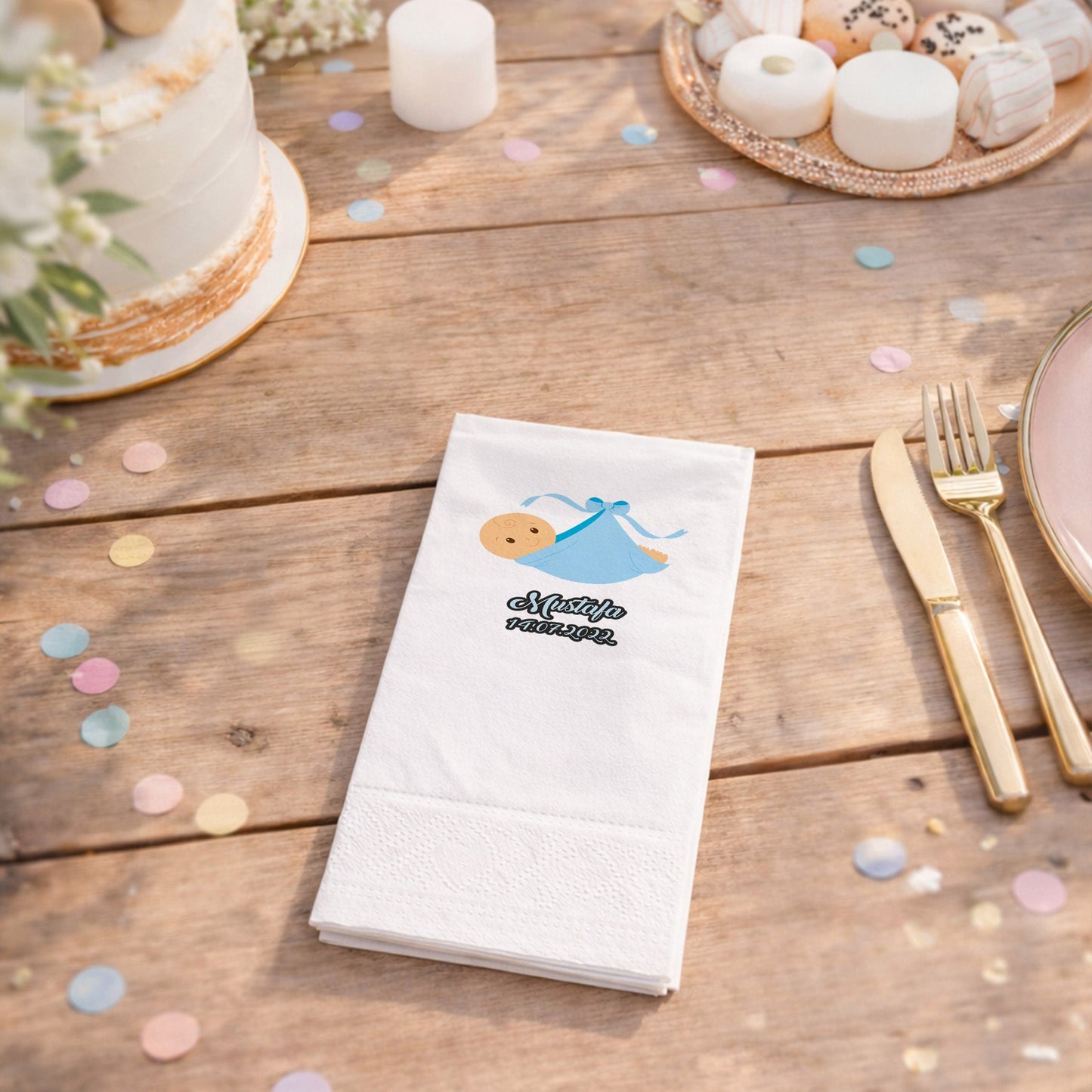 Mustafa İsme Özel Mavi Kundaklı Bebek Tasarımlı Baby Shower Peçetesi