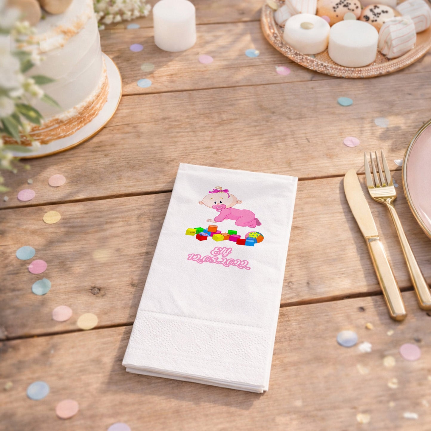 Elif İsme Özel Pembe Emekleyen Bebek Ve Blok Temalı Peçete