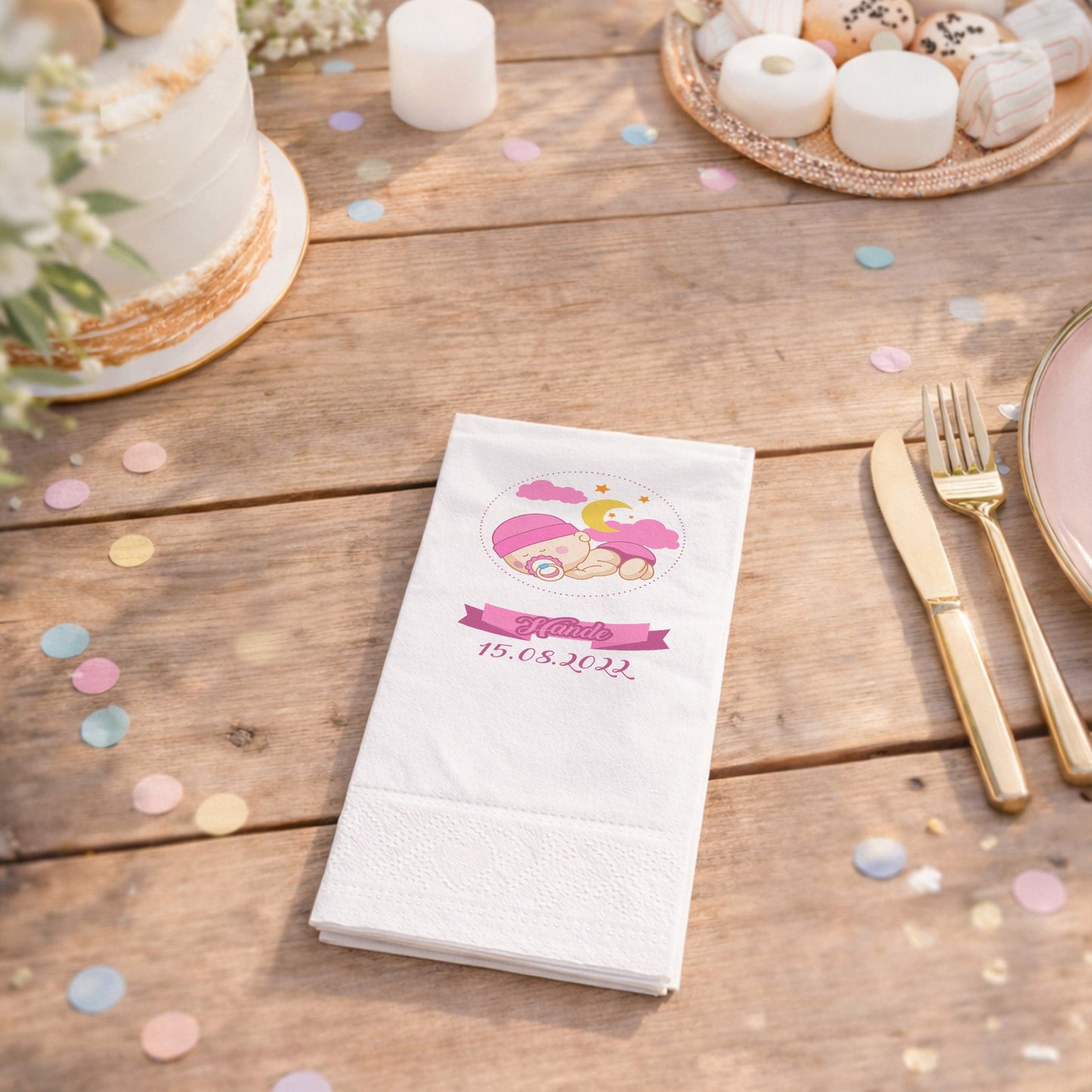 Hande İsme Özel Pembe Uyuyan Bebek Temalı Mevlüt Peçetesi