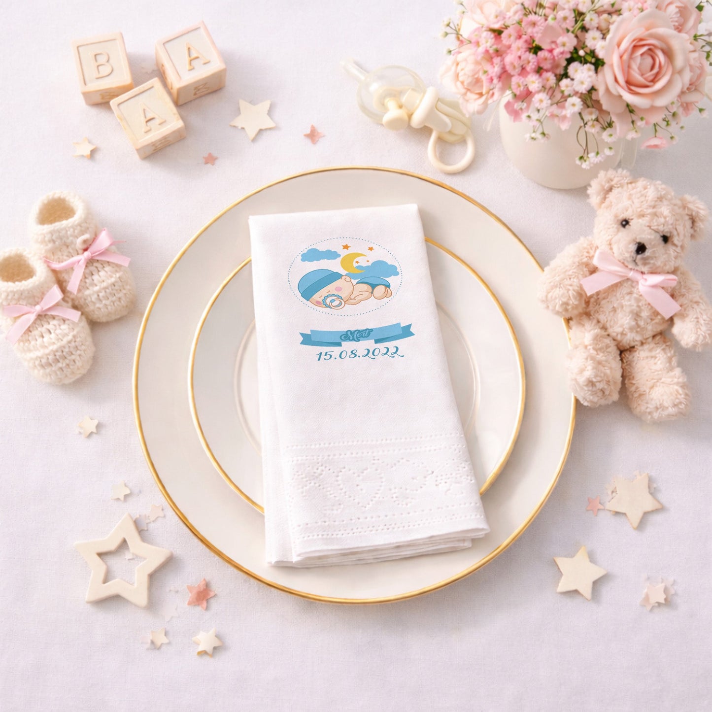 Mert İsme Özel Mavi Uyuyan Bebek Temalı Bebek Shower Peçetesi